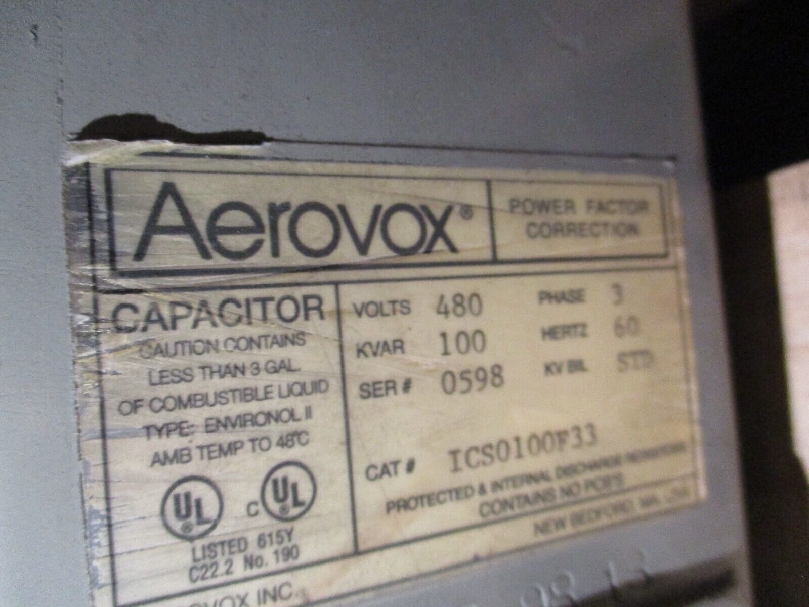 Aerovox Capacitor ICS0100F33 100KVAR 480V 60Hz 3Ph Used