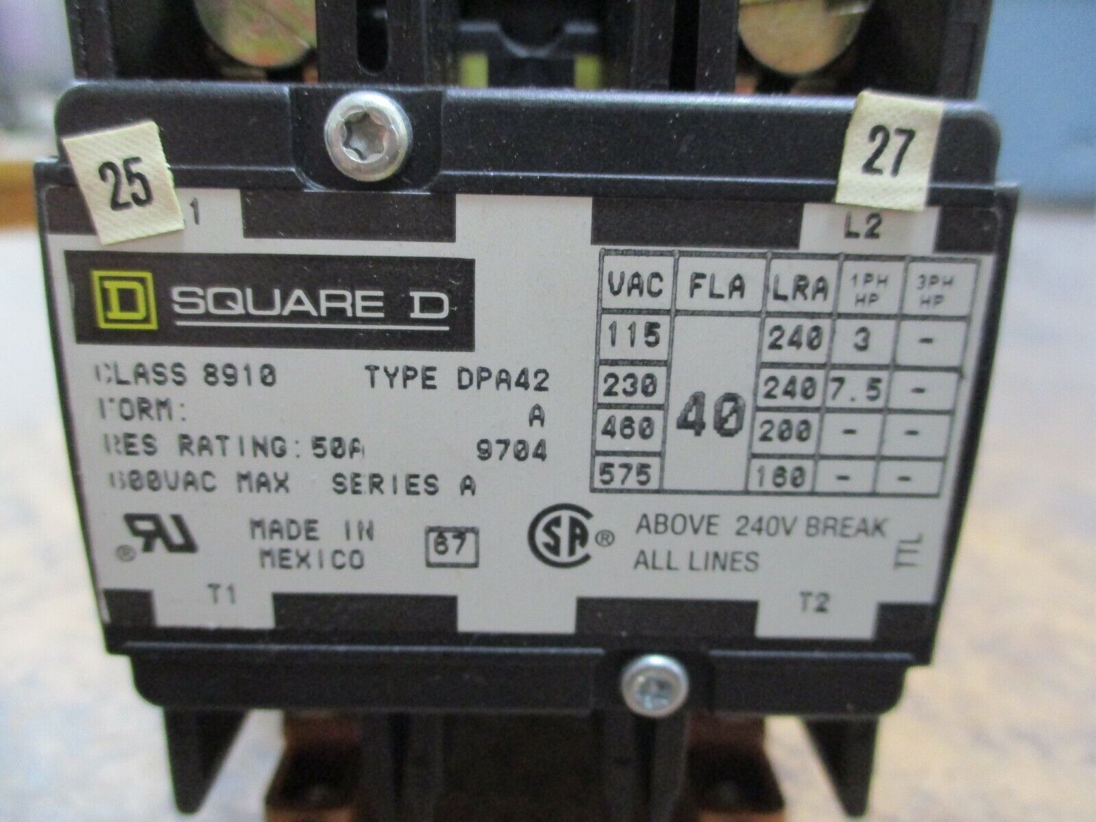 Square D Contactor 8910 DPA42 120V Coil 40A 600V Used