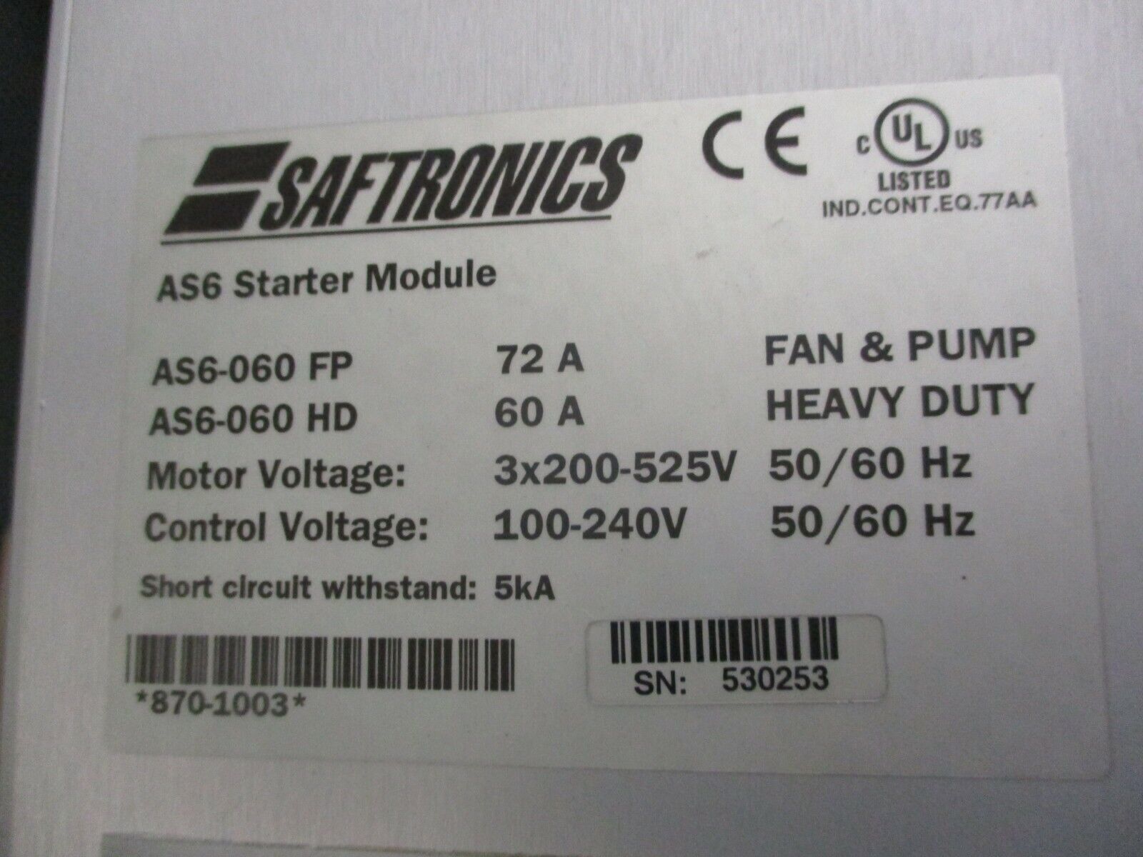 Saftronics Enclosed Soft Start 2031062 AS6-060 HD Module 60A 200-575VAC 50/60Hz