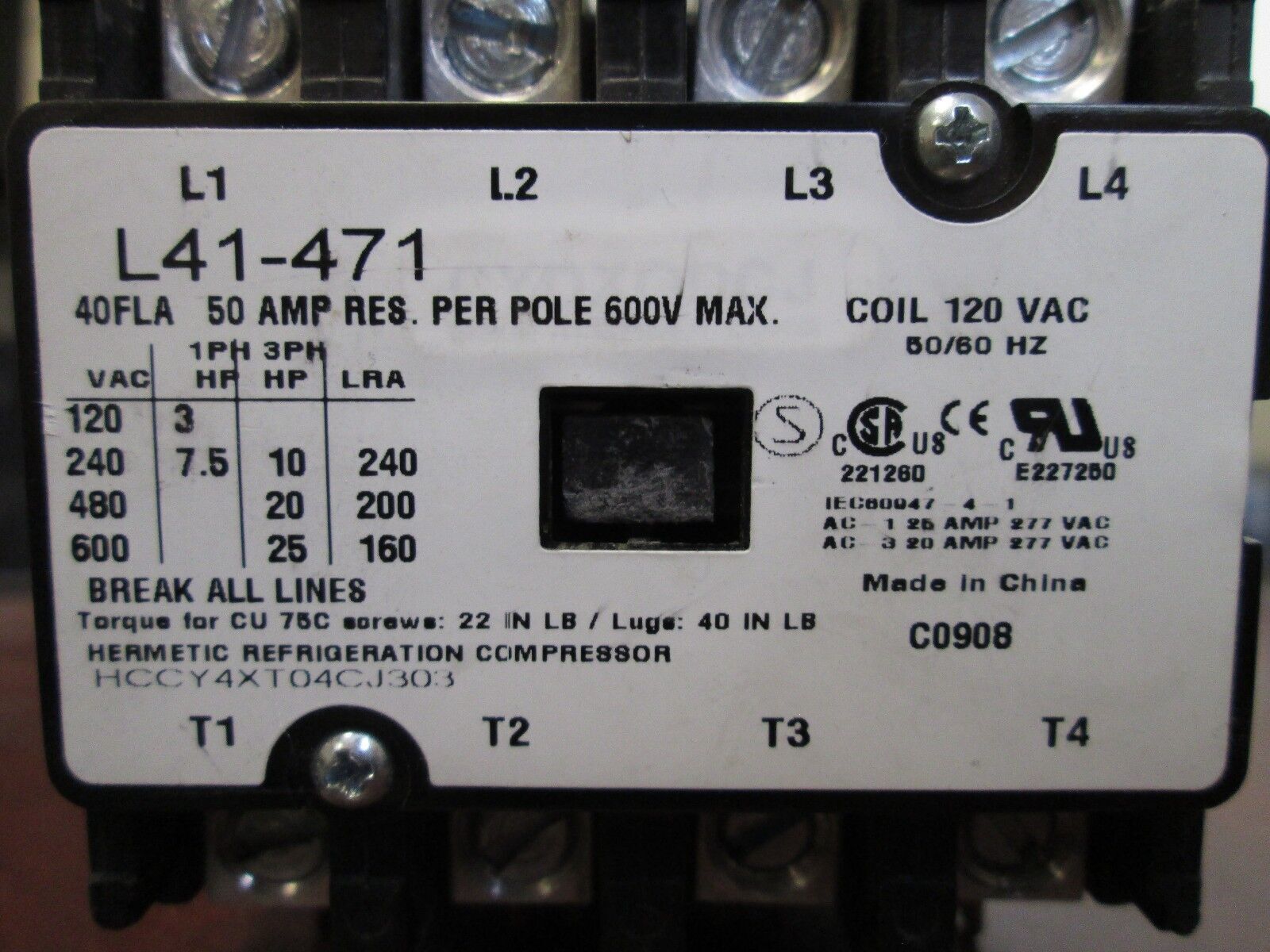 Johnstone Supply Contactor L41-471 HCCY4XT04CJ303 40FLA 120V Coil 600V Used
