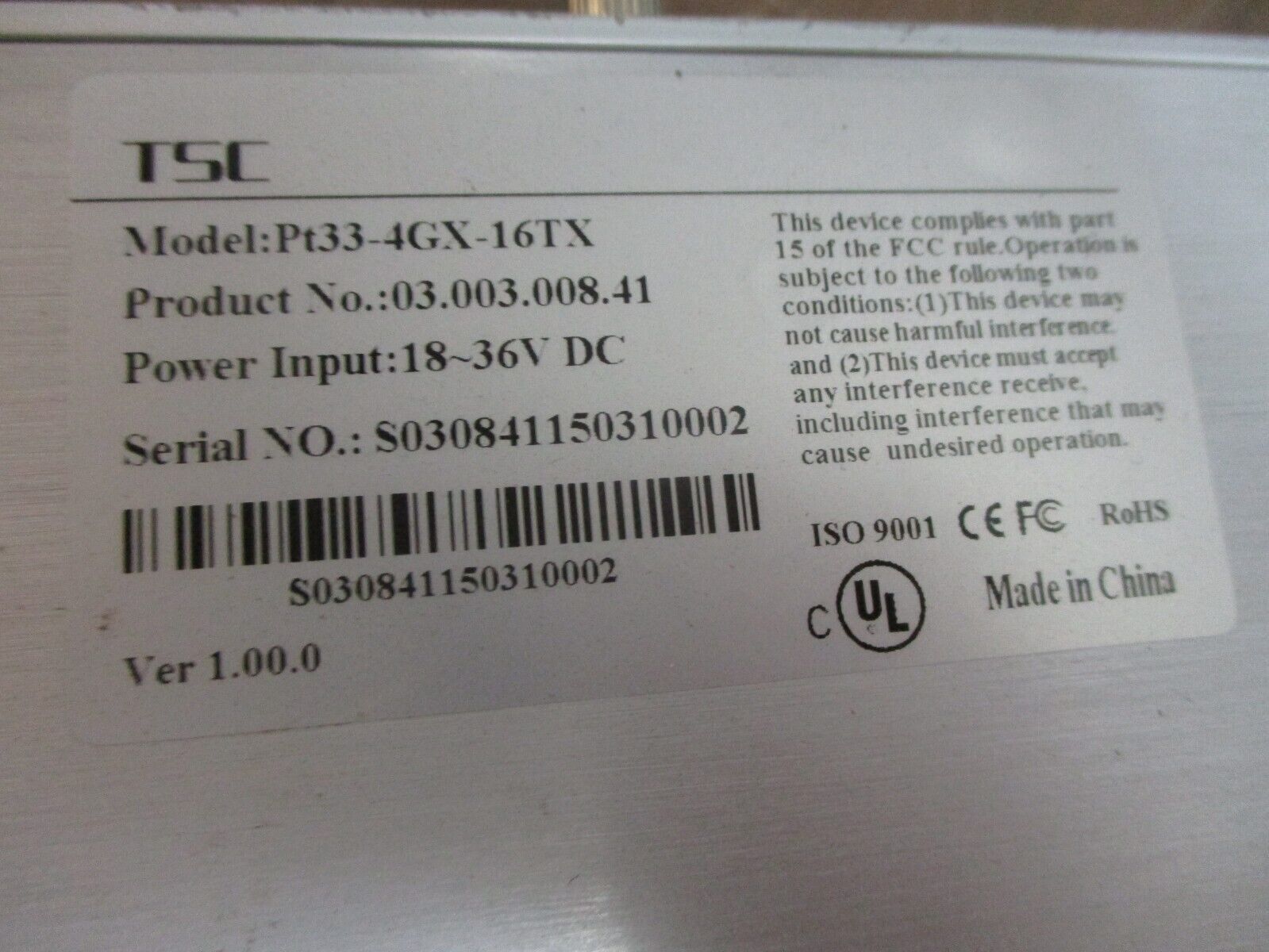 TSC Industrial Ethernet Switch P+33-4GX-16TX 18-36VDC Used