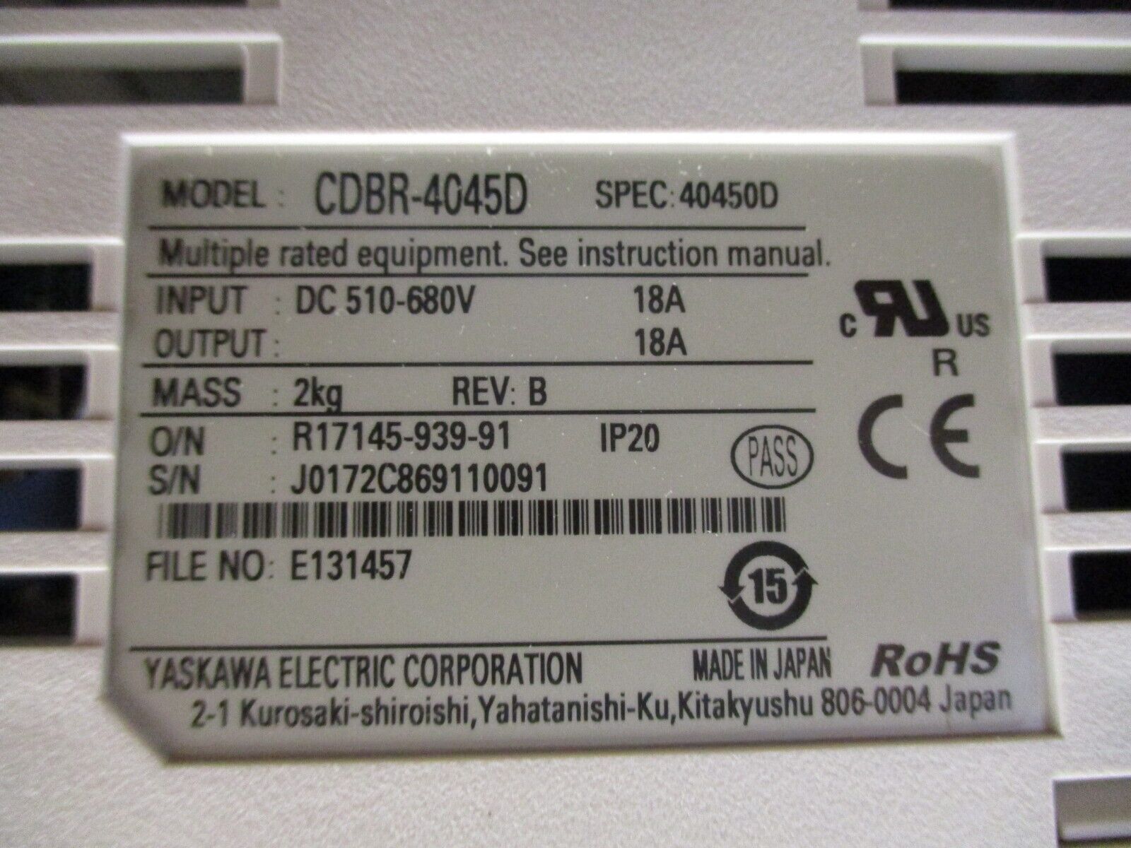 Yaskawa Braking Unit CDBR-4045D Rev. B New Surplus