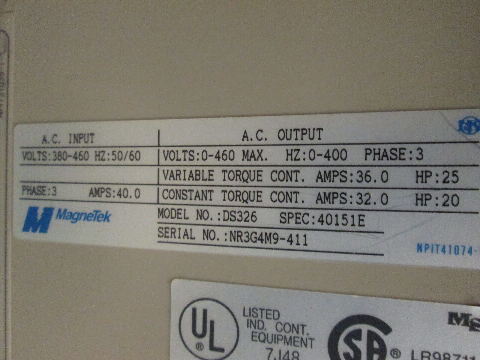 Magnetek GPD 503 AC Drive DS326 20/25HP Used