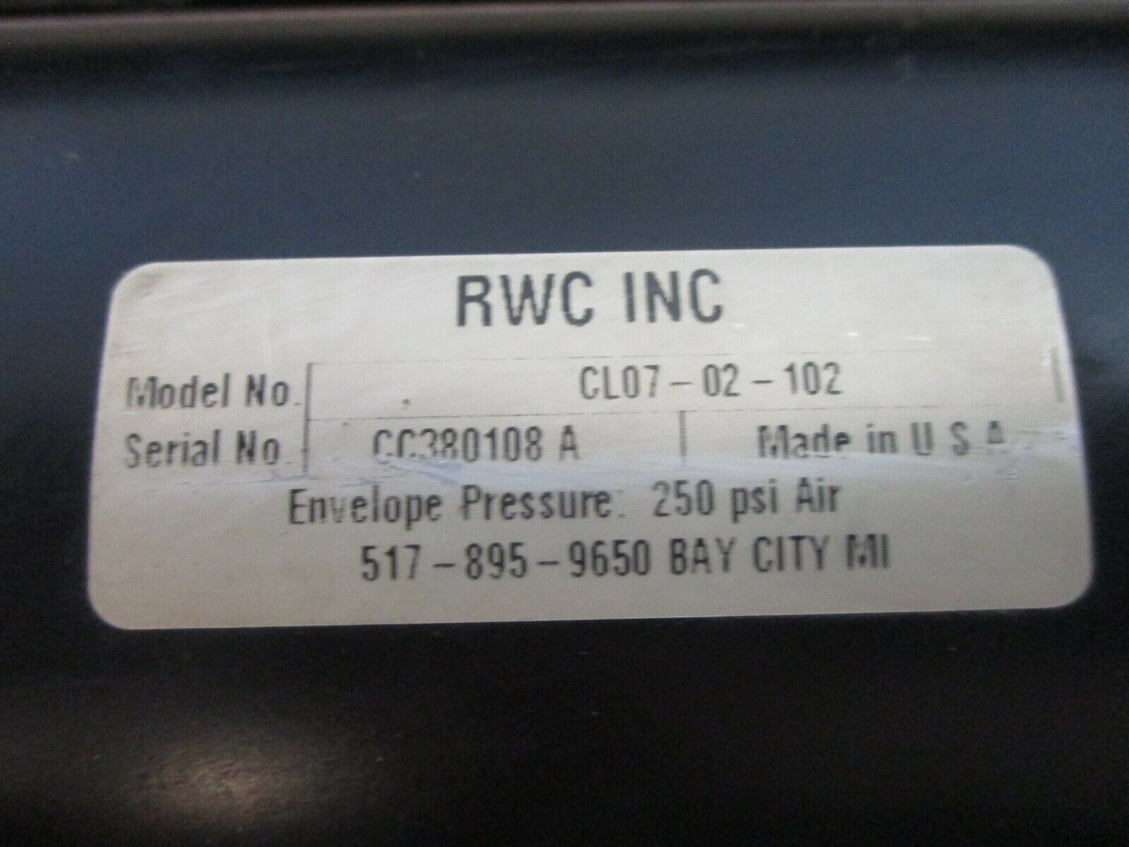 RWC Air Cylinder CL07-02-102 250PSI Used