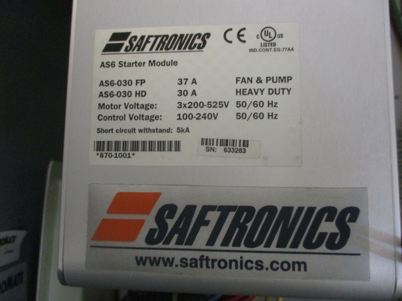 Saftronics Enclosed Soft Start 2031061 AS6-030 HD Module 30A 200-575VAC 50/60Hz