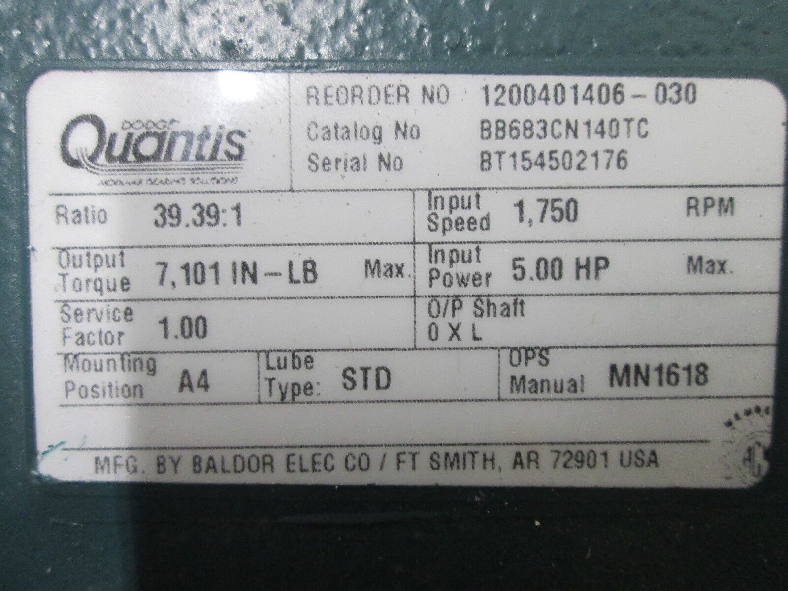 Dodge Quantis Gear Reducer BB683CN140TC Ratio 39.39:1 5HP IN 7101 LB-IN Torque