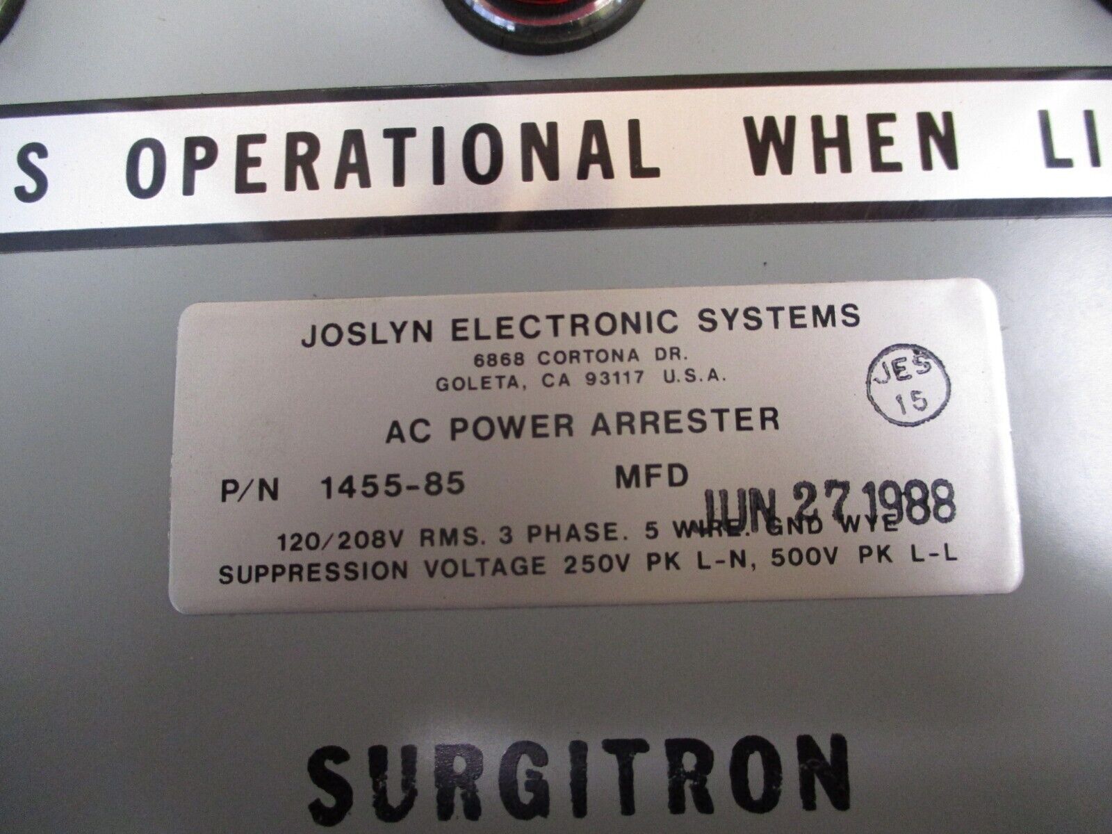 Joslyn AC Power Arrester 1455-85 120/208V 3Ph 5W Rating: 250V L-N, 500V L-L Used
