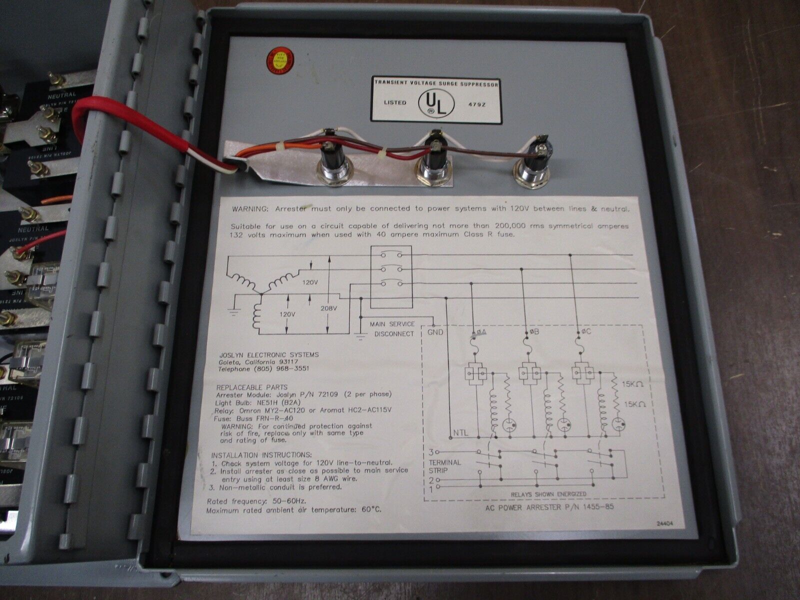 Joslyn AC Power Arrester 1455-85 120/208V 3Ph 5W Rating: 250V L-N, 500V L-L Used