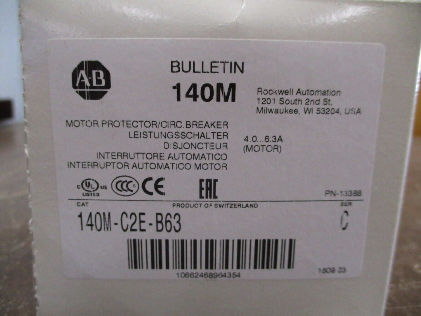 Allen-Bradley Manual Motor Protector 140M-C2E-B63 Ser. C Trip: 4.0-6.3A