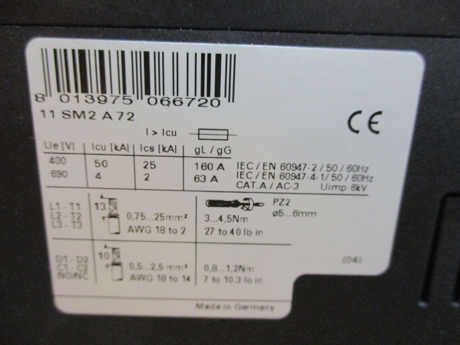 Lovato Manual Starter SM2 A 72 Trip: 36-45A 600V 45A Used