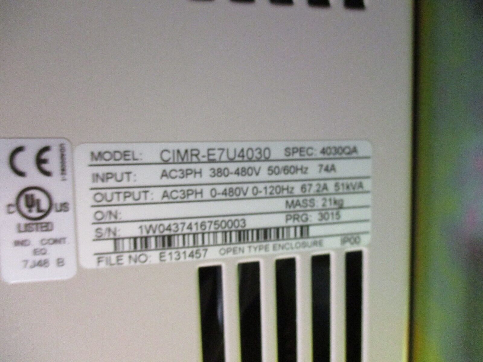 Yaskawa E7 AC Drive w/ Bypass E7LVB052 50HP 3Ph Drive: CIMR-E7U4030 Used