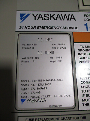 Yaskawa E7 AC Drive w/ Bypass E7LVB052 50HP 3Ph Drive: CIMR-E7U4030 Used