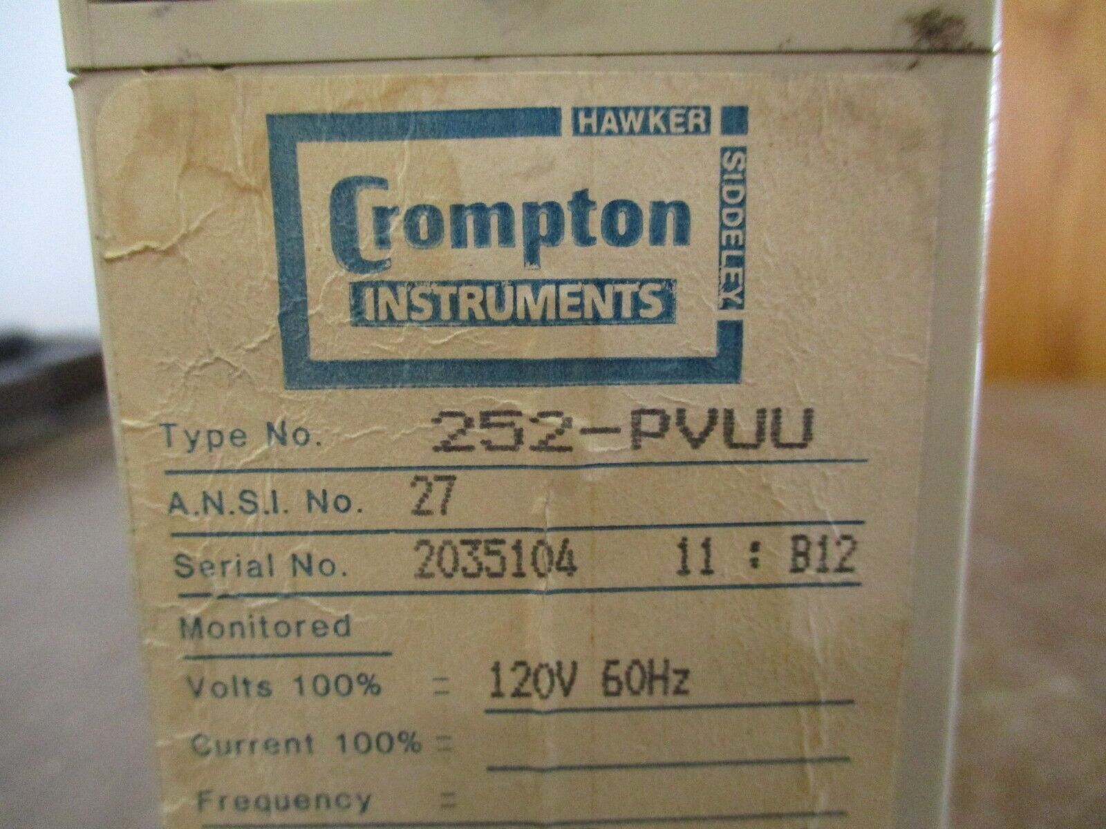 Crompton Protector Undervoltage Relay 252-PVUU 120V 60Hz Used