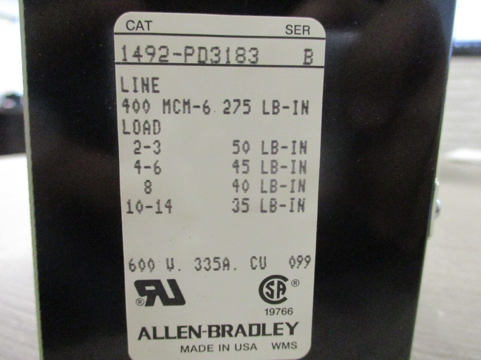 Allen-Bradley Power Distribution Block 1492-PD3183 335A 600V 3P New Surplus