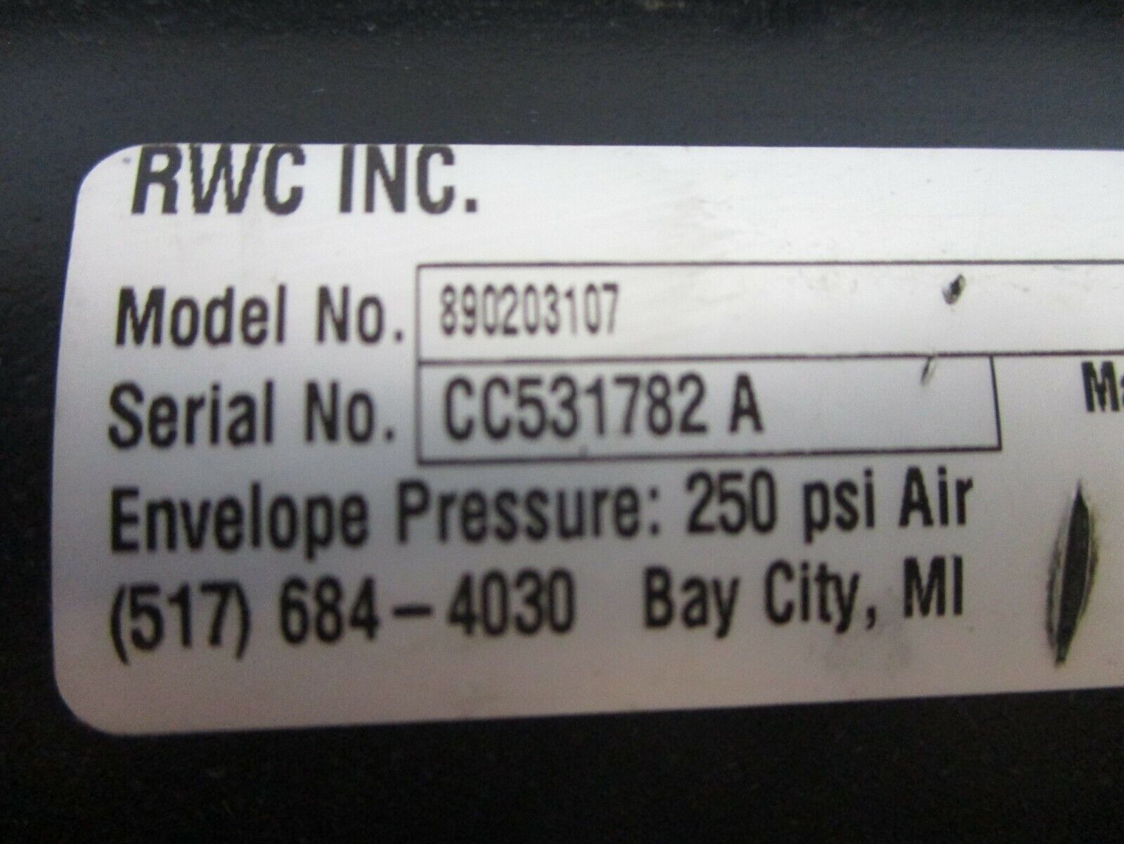 RWC Air Cylinder 890203107 250PSI Used