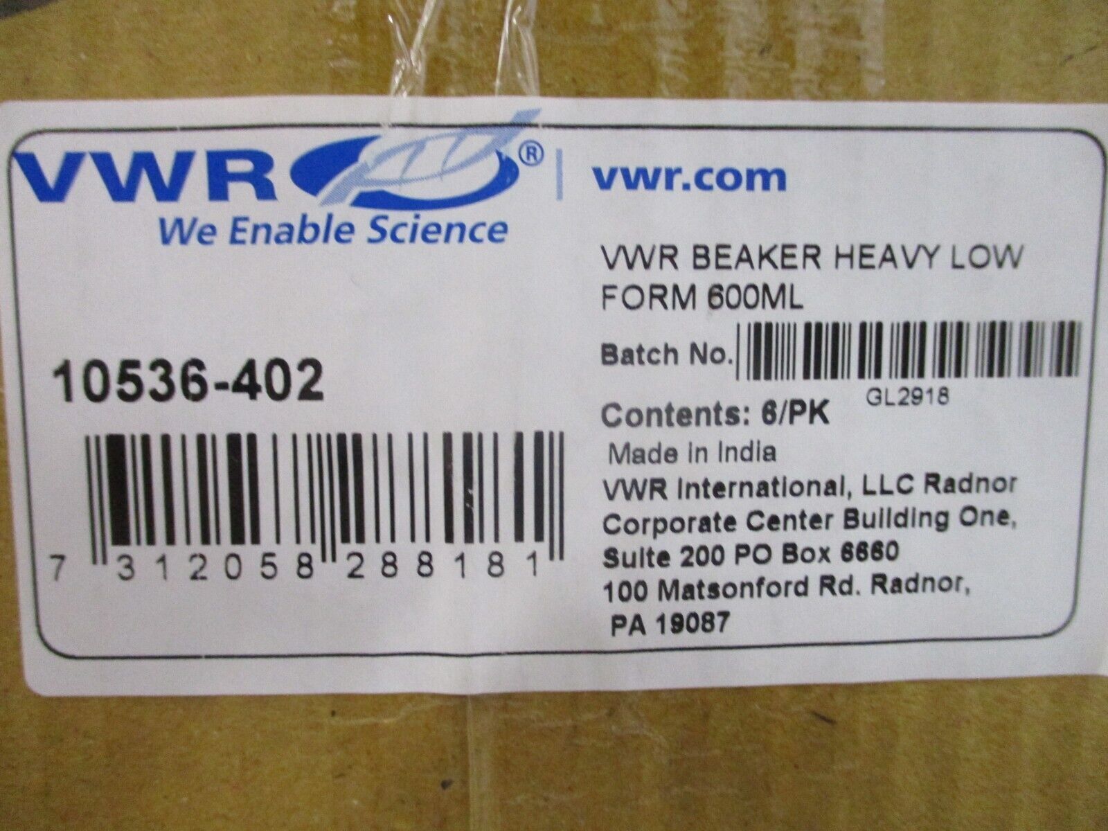 VMR Heavy Duty Low Form Beaker 10536-402 600mL *Box of 6* New Surplus