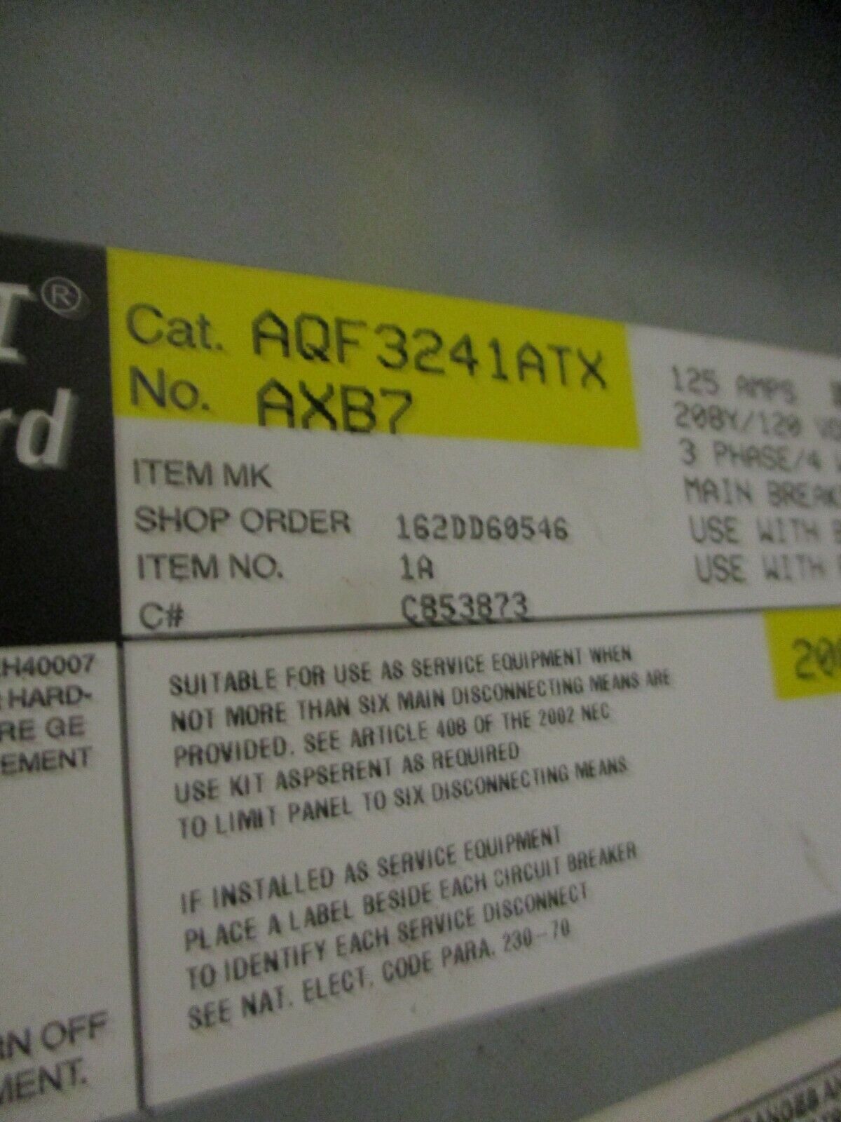 GE Main Breaker Circuit Breaker Panel AQF3241ATX 125A Max 208Y/120 3Ph 4W Used