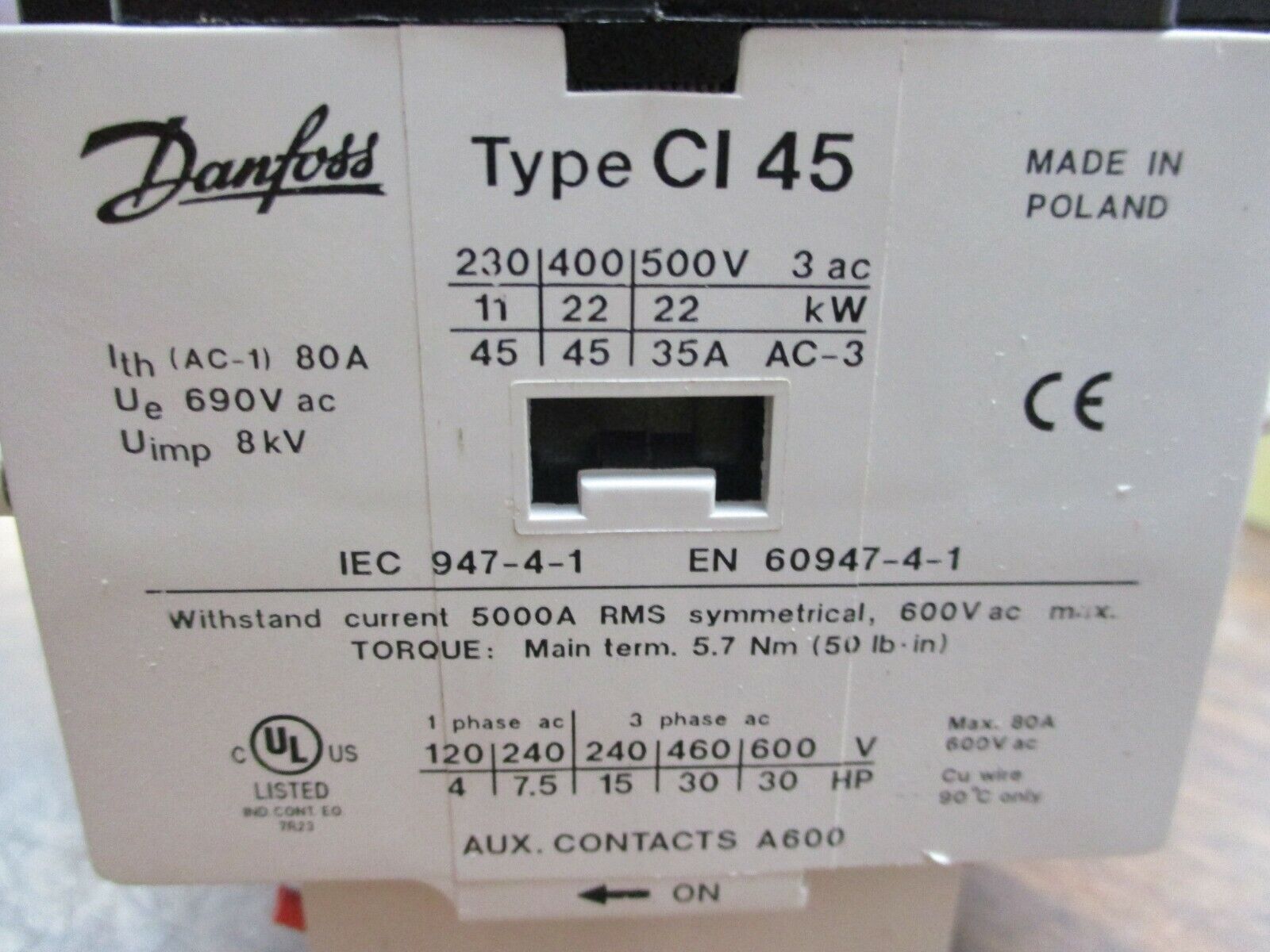 Danfoss Contactor CI 45 110V Coil 80A 600V w/ (2) Aux Contact Used