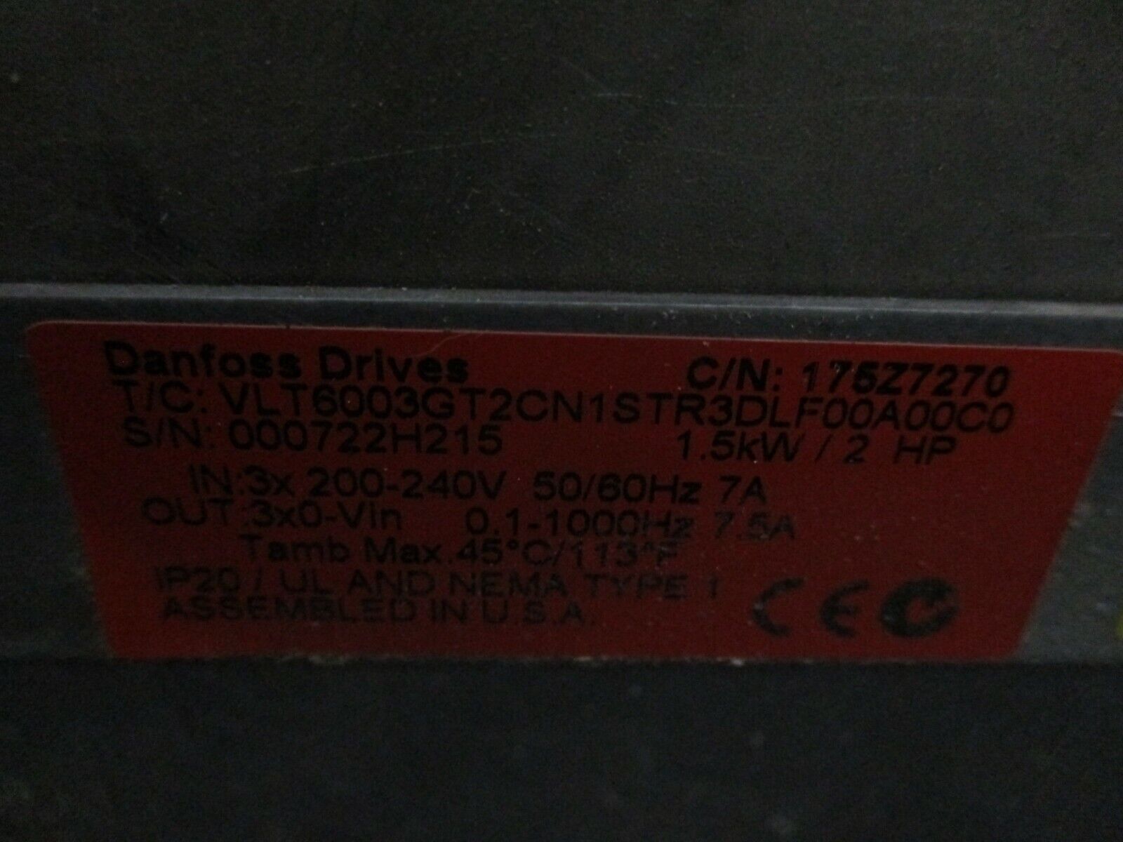 Danfoss VLT 6000 AC Drive 175Z7270 2HP 3Ph w/ Keypad Used