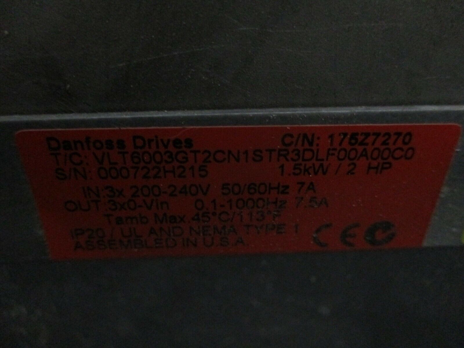 Danfoss VLT 6000 AC Drive 175Z7270 2HP 3Ph w/ Keypad Used