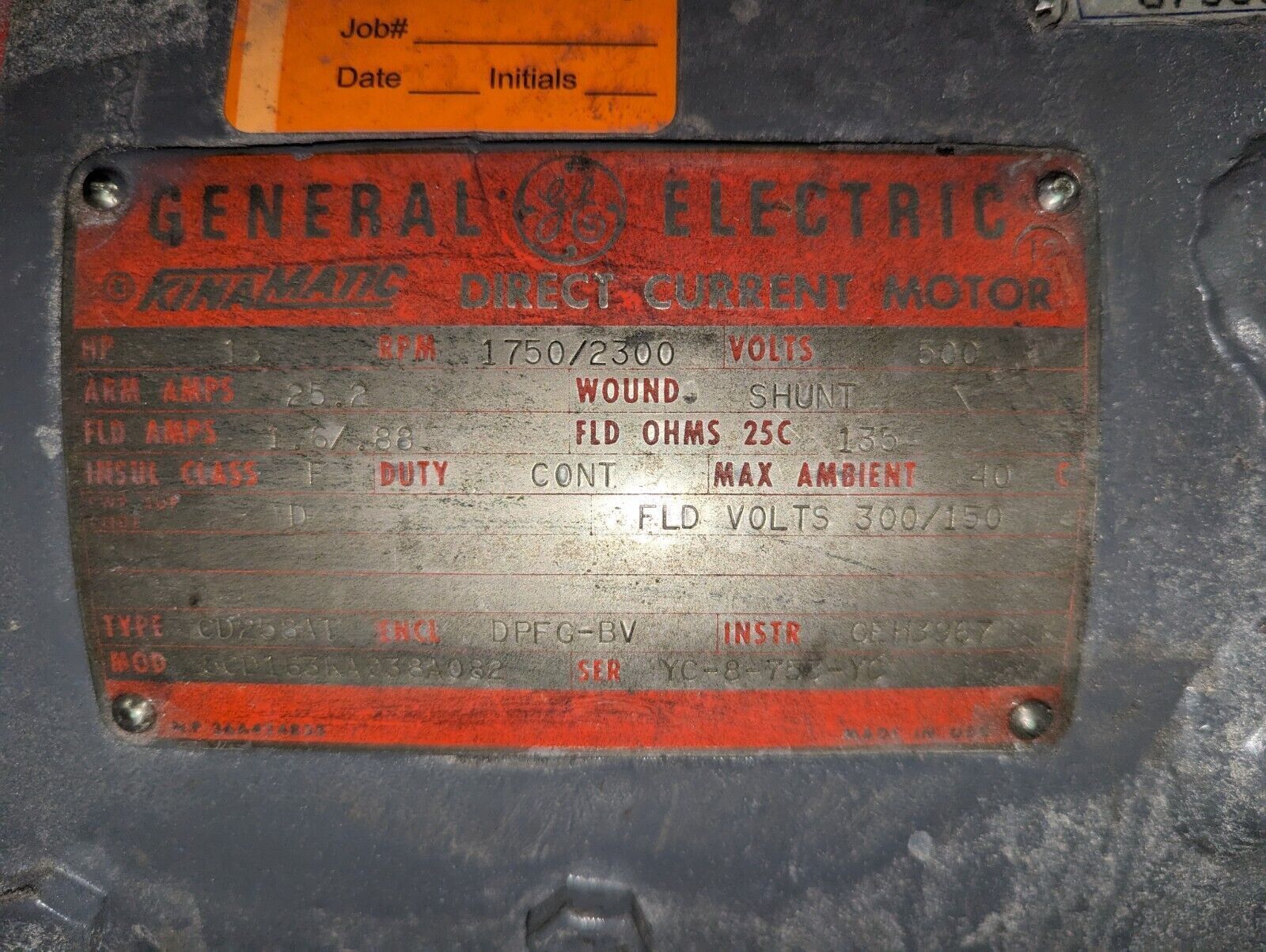 GE DC Motor 5CD163KA038A082 15HP 1750/2300RPM 25.2A 500V Blower Ventilated Used