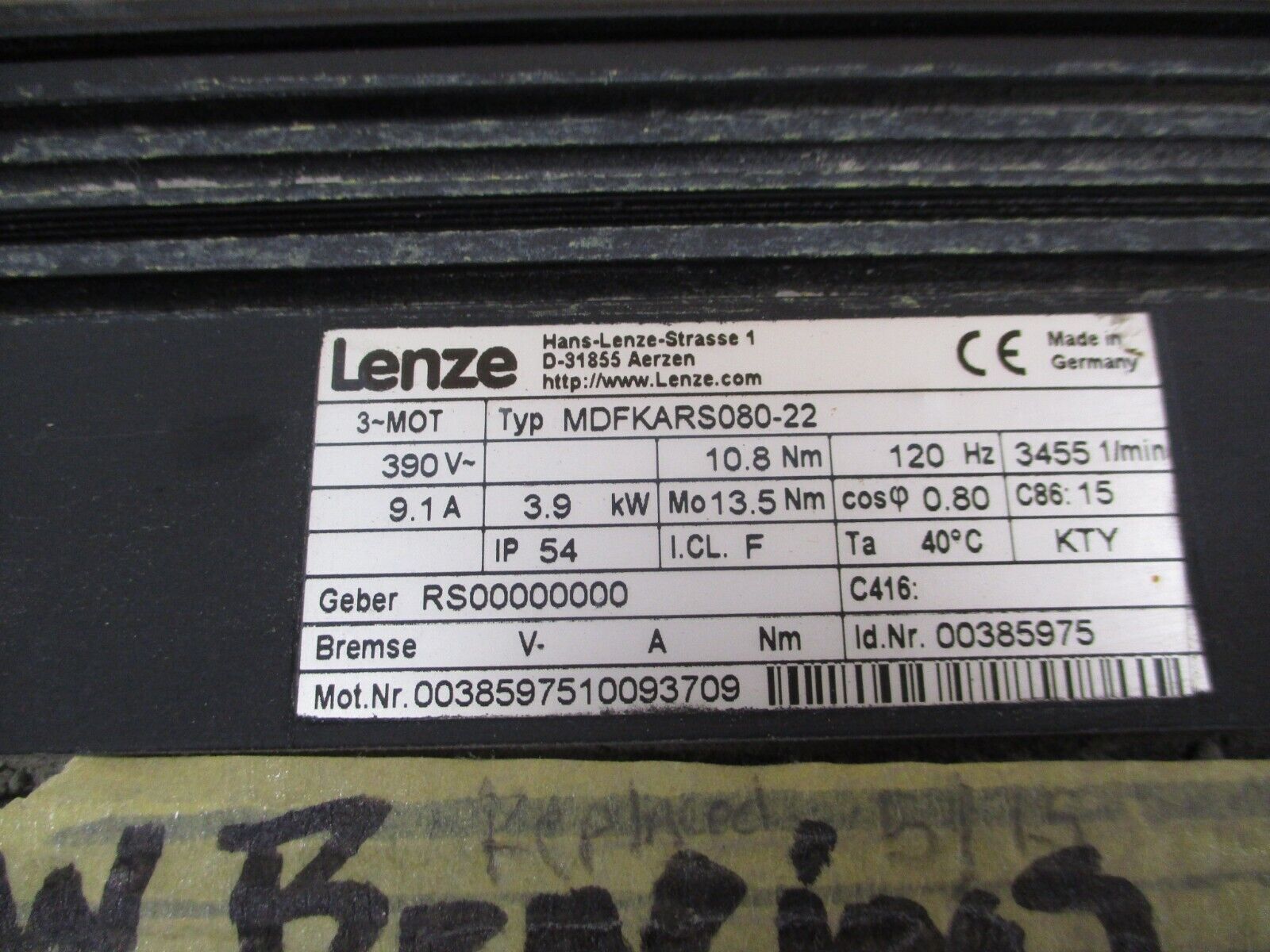 Lenze AC Servo Motor MDFKARS080-22 3.9KW 390V 9.1A 120Hz 3455RPM Used