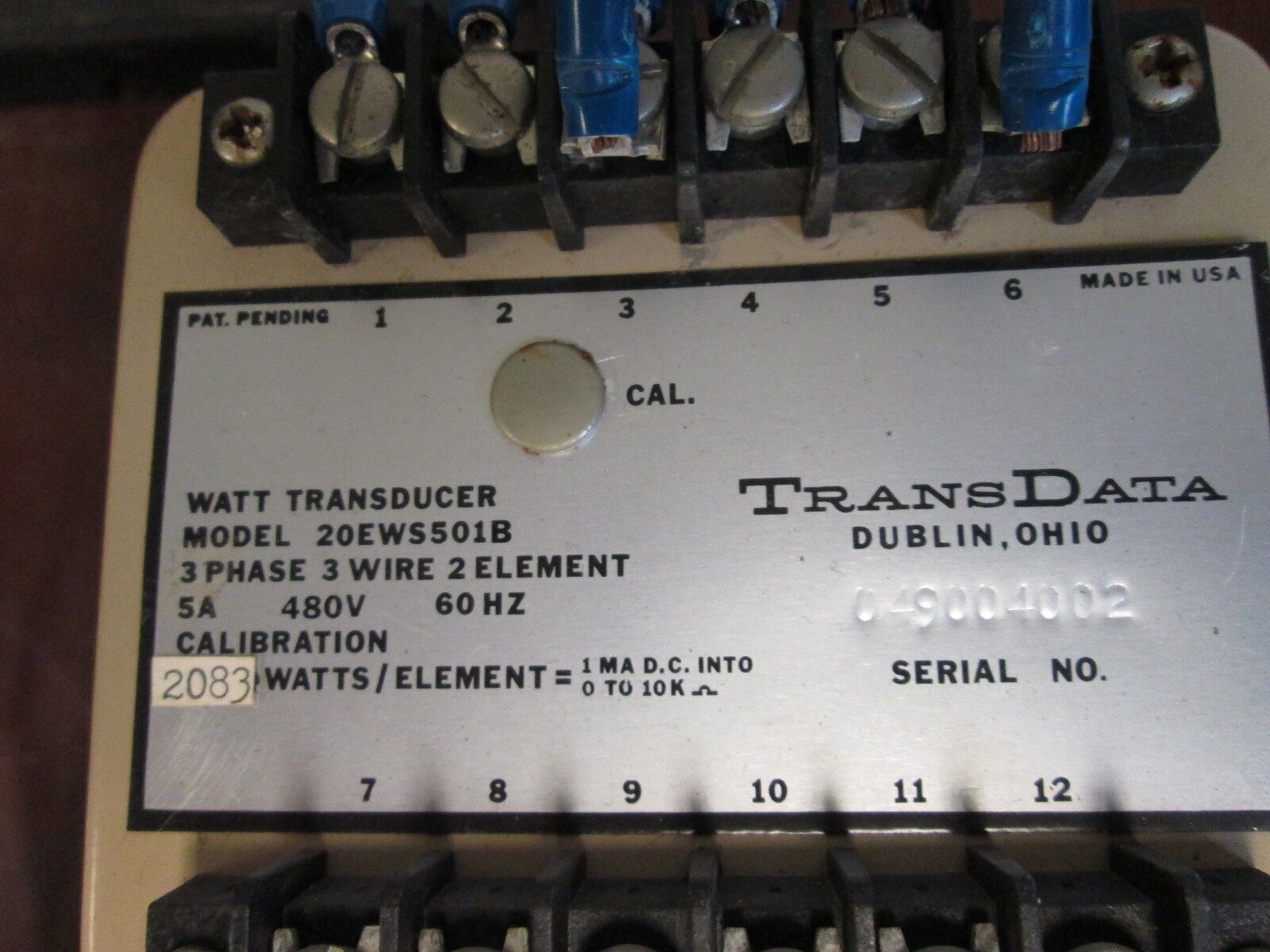 TransData Watt Transducer 20EWS501B 3Ph 3W 2 Element 5A 480V 60Hz Used