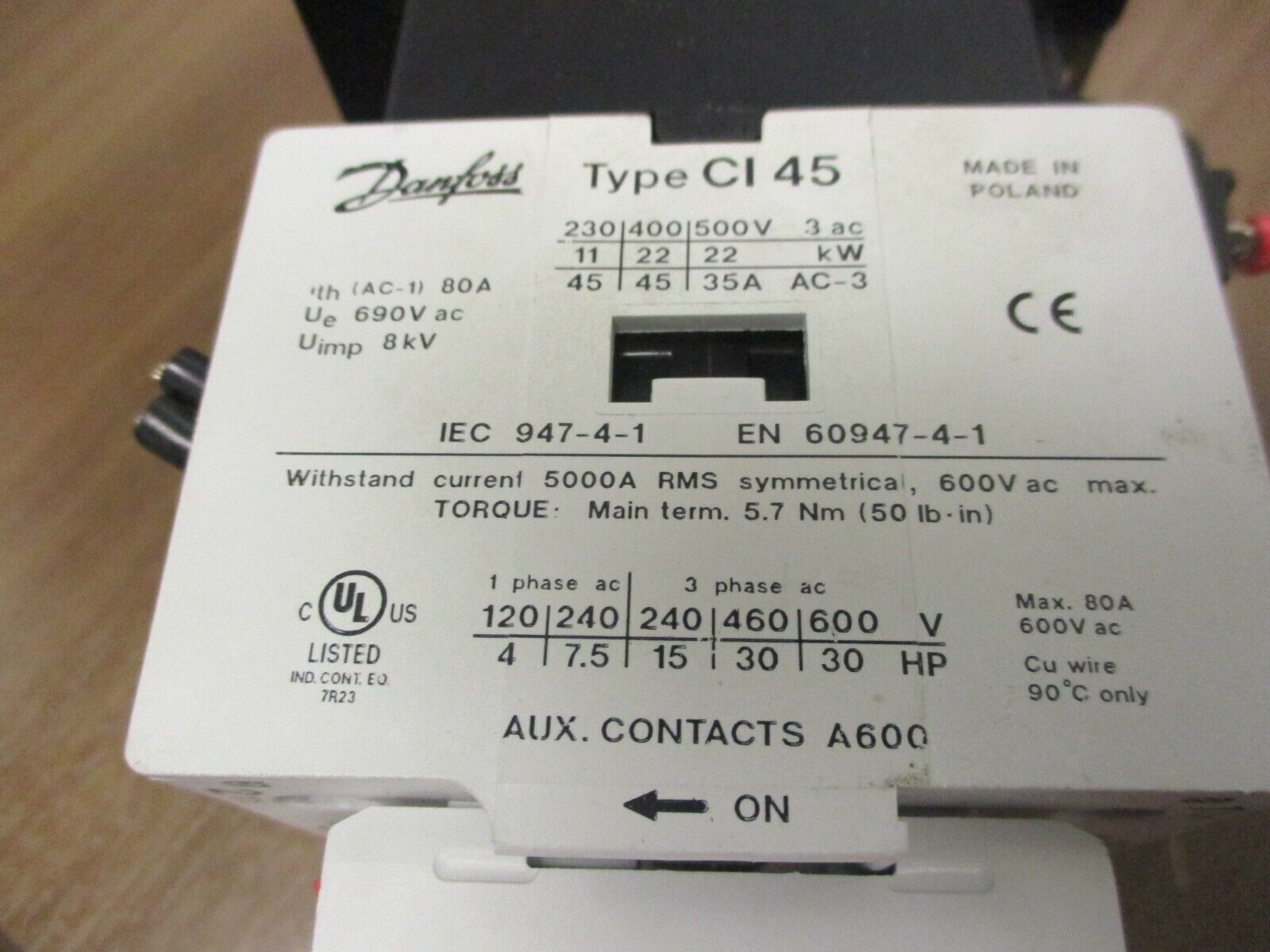Danfoss Contactor C1 45 110V Coil 80A 600V w/ (2) Aux Contacts Used