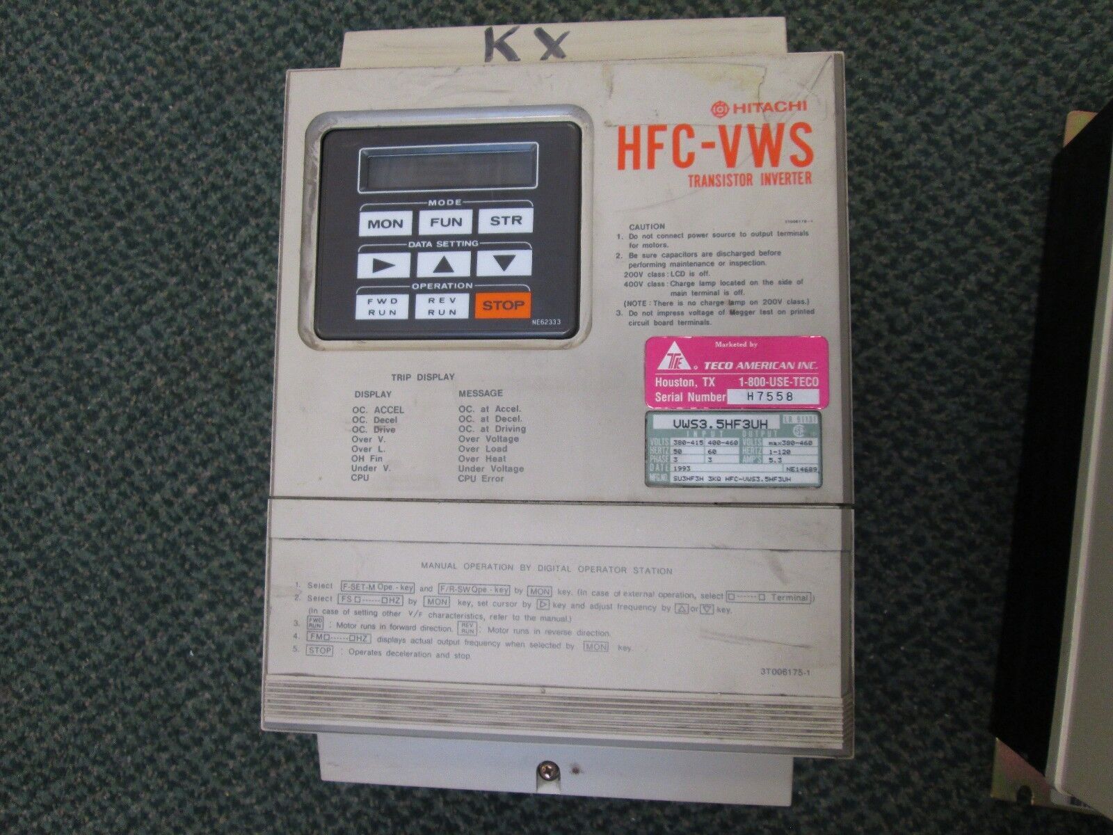 Hitachi Inverter AC Drive VWS3.5HF3UH 3HP Used