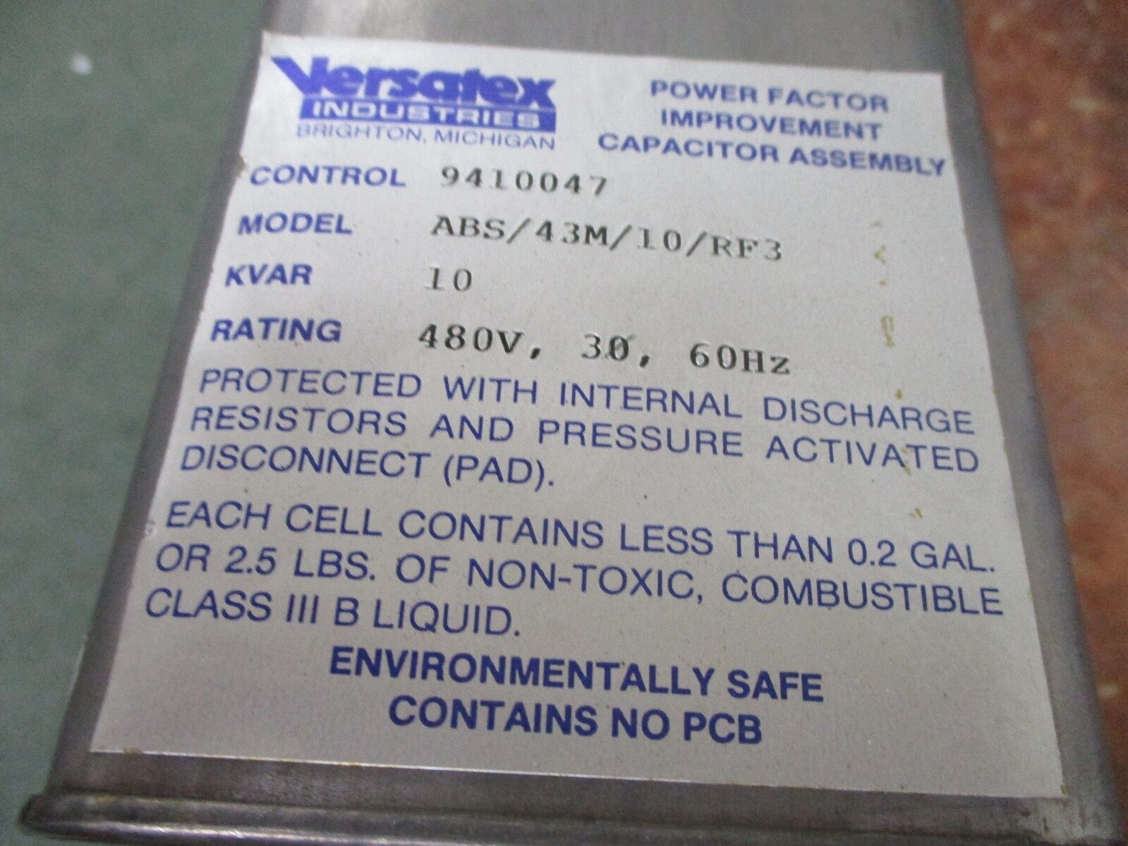 Versatex Power Factor Improvement Capacitor Assembly ABS/43M/10/RF3 10 KVAR Used