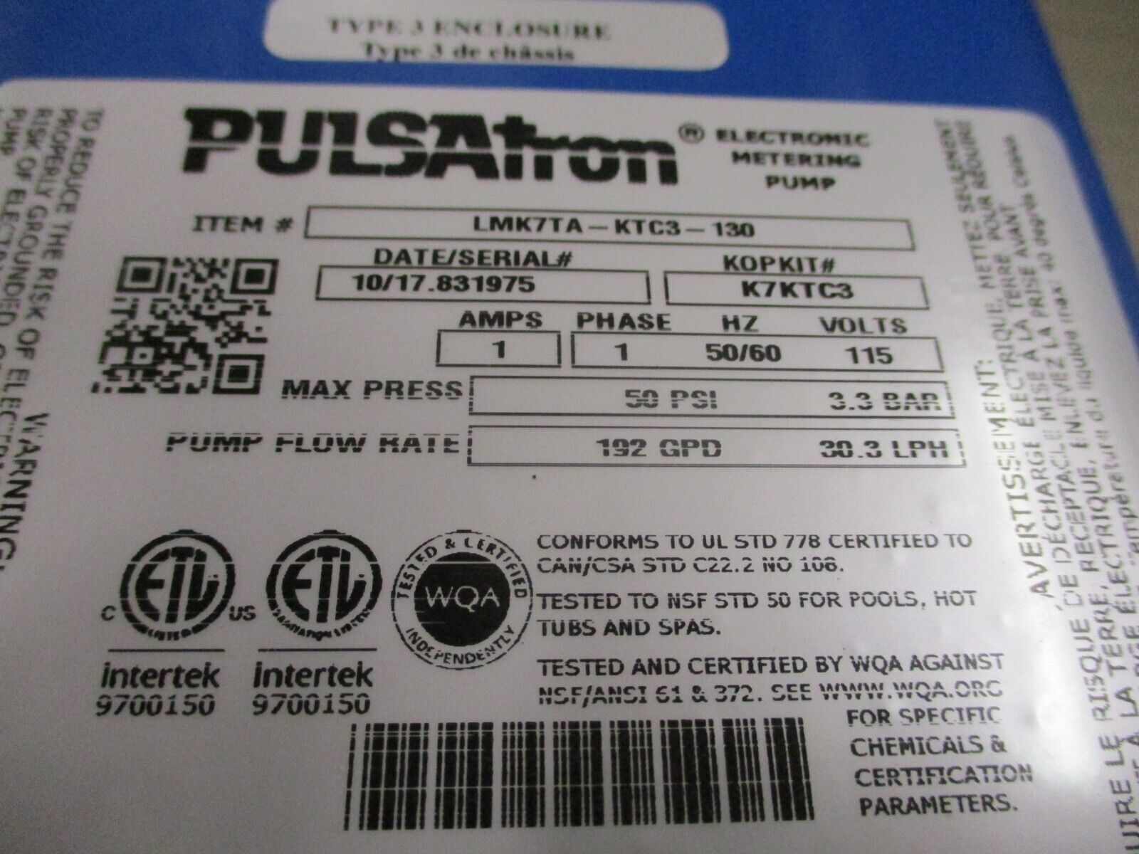 Idex Pulsafeeder MeteringPump LMK7TA-KTC3-130 115V 50/60HZ 1A 192GPD New Surplus