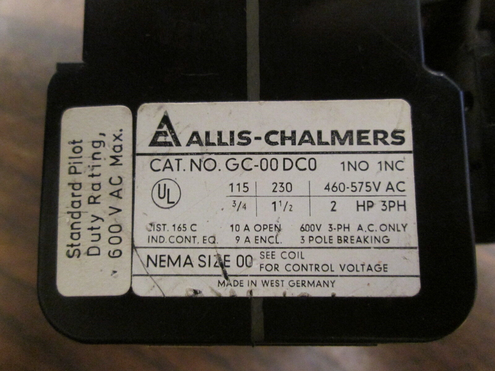 Allis-Chalmers Size 00 Starter GC-00 DC0 / 3ZA4041-8AL00 10A 600V Range:2.5-3.5A