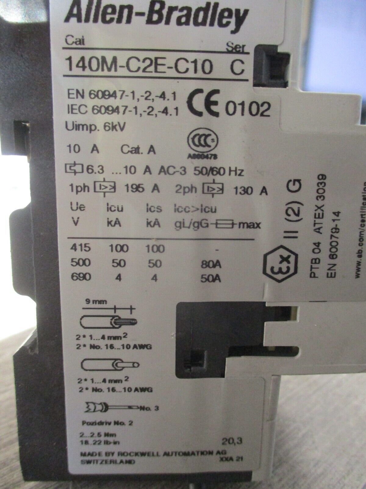 Allen-Bradley Manual Motor Protector 140M-C2E-C10 Trip: 6.3-10A *No Handle* Used