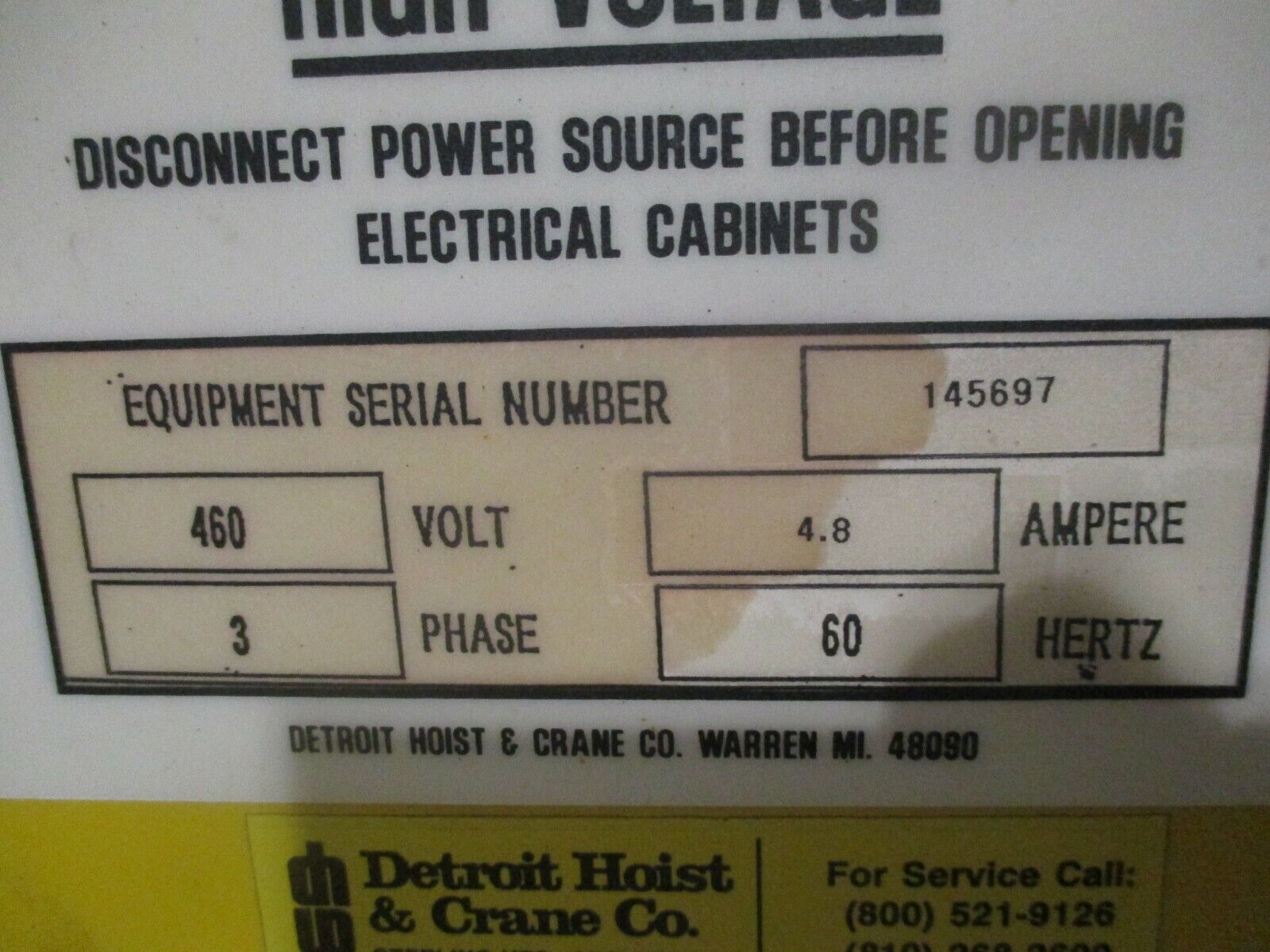 Detroit Hoist & Crane Co. 3-Ton Hoist 460V 4.8A 3Ph 60Hz Used