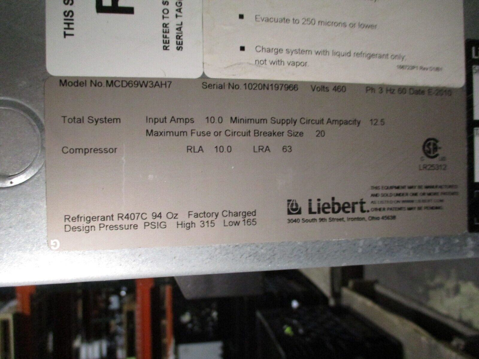 Liebert Mini-Mate Room Cooler MCD69W3AH7 460V 3Ph 60Hz Used