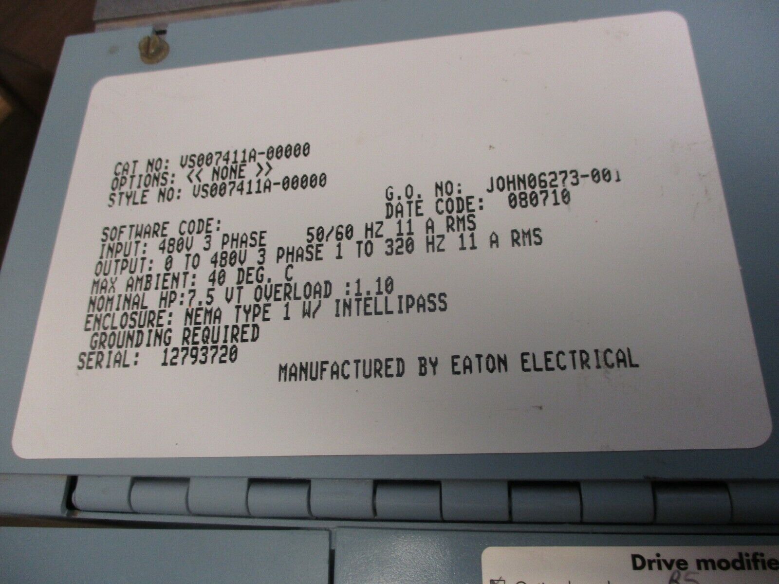 Eaton/Johnson Controls AC Drive w/ Bypass VS007411A-00000 7.5HP 3Ph Used