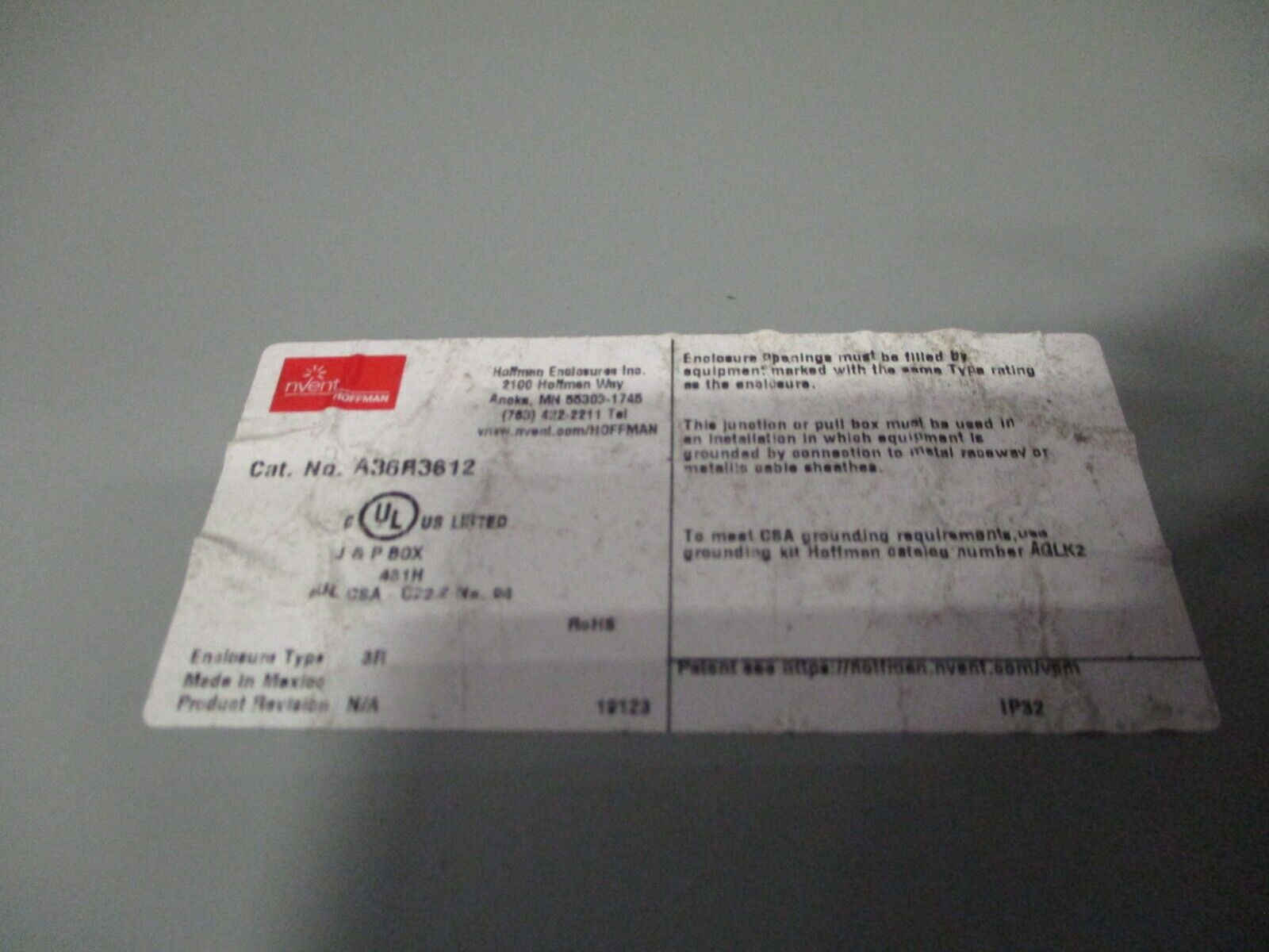 Hoffmann 3R Enclosure A36R3612 Size: 36" x 36" x 12" Used