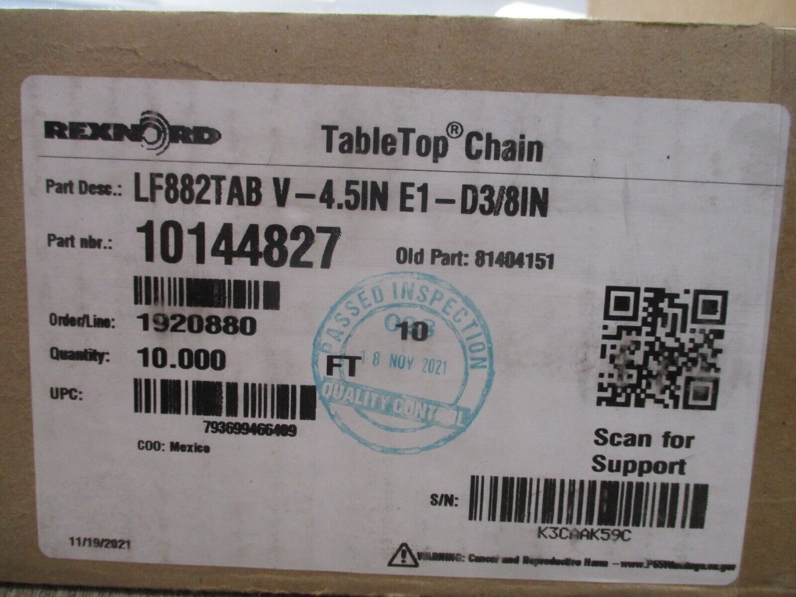 Rexnord TapleTop Chain 10144827 LF882TABV-4.5INE1-D3/8IN Length:10ft New Surplus