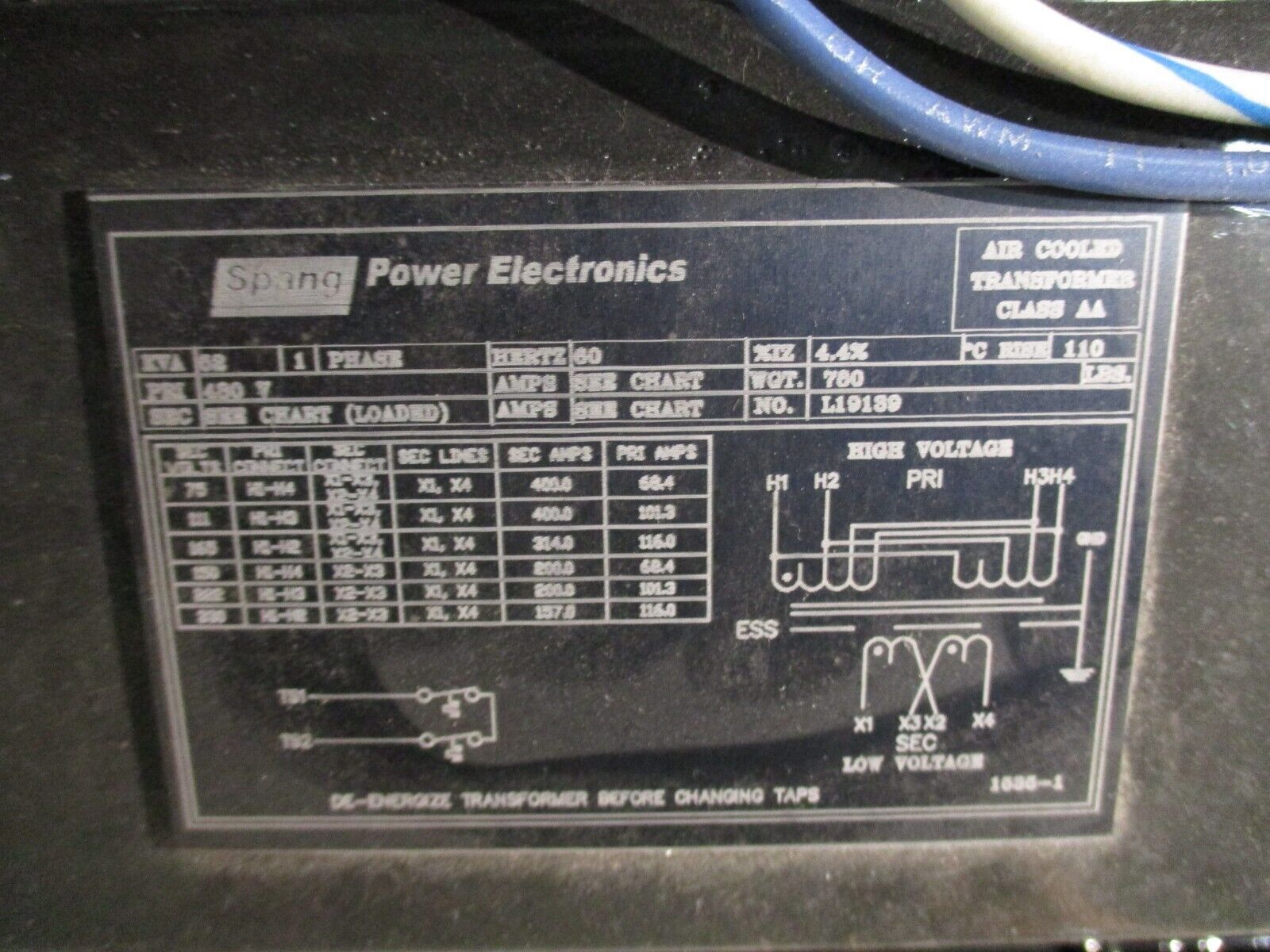 Spang Transformer w/ Breaker Disconnect L19139 52kVA 1Ph Pri: 480V Sec: 111/222V