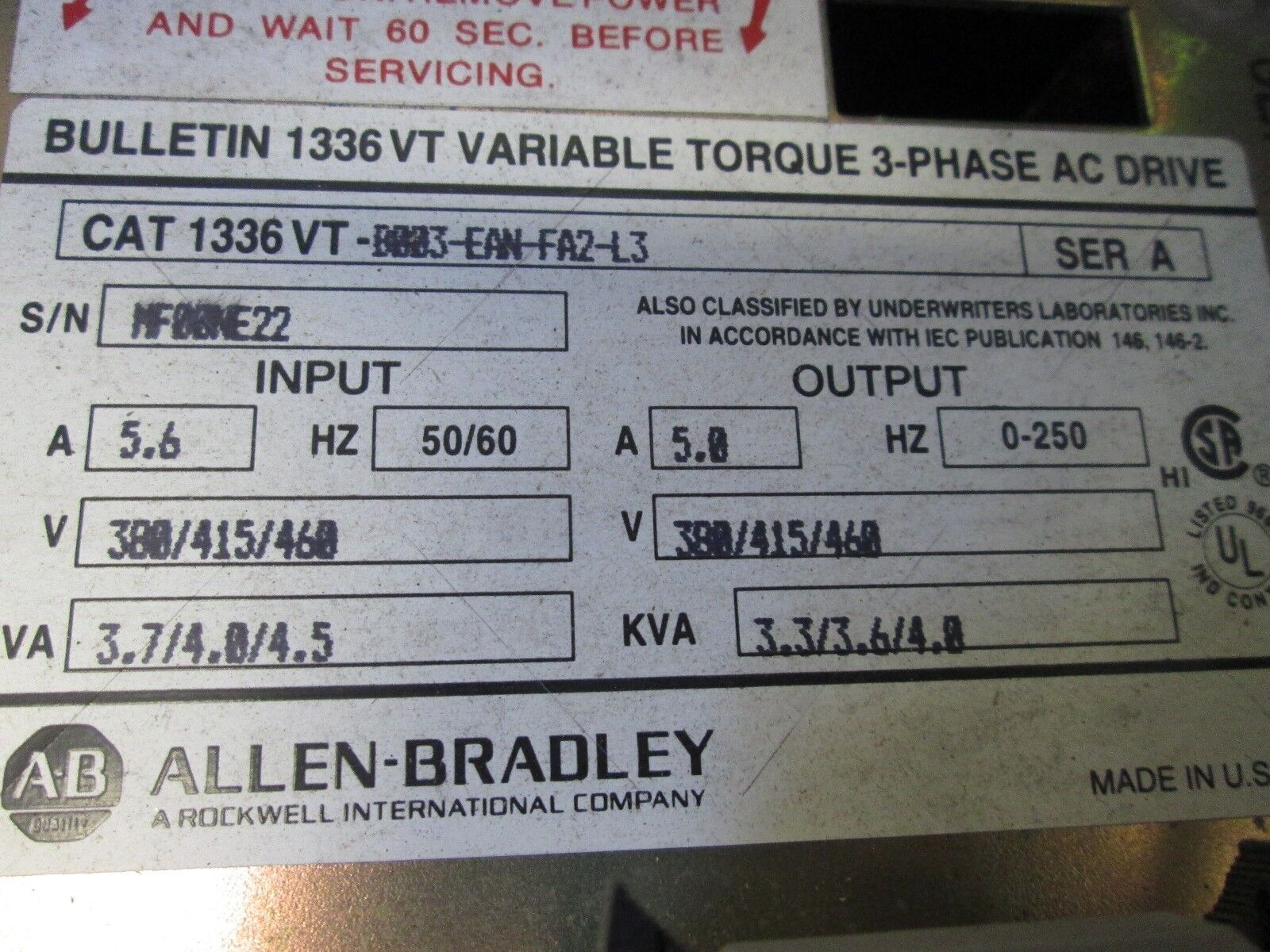 Allen-Bradley 1336VT AC Drive 1336VT-B003-EAN-FA2-L3 3HP Used