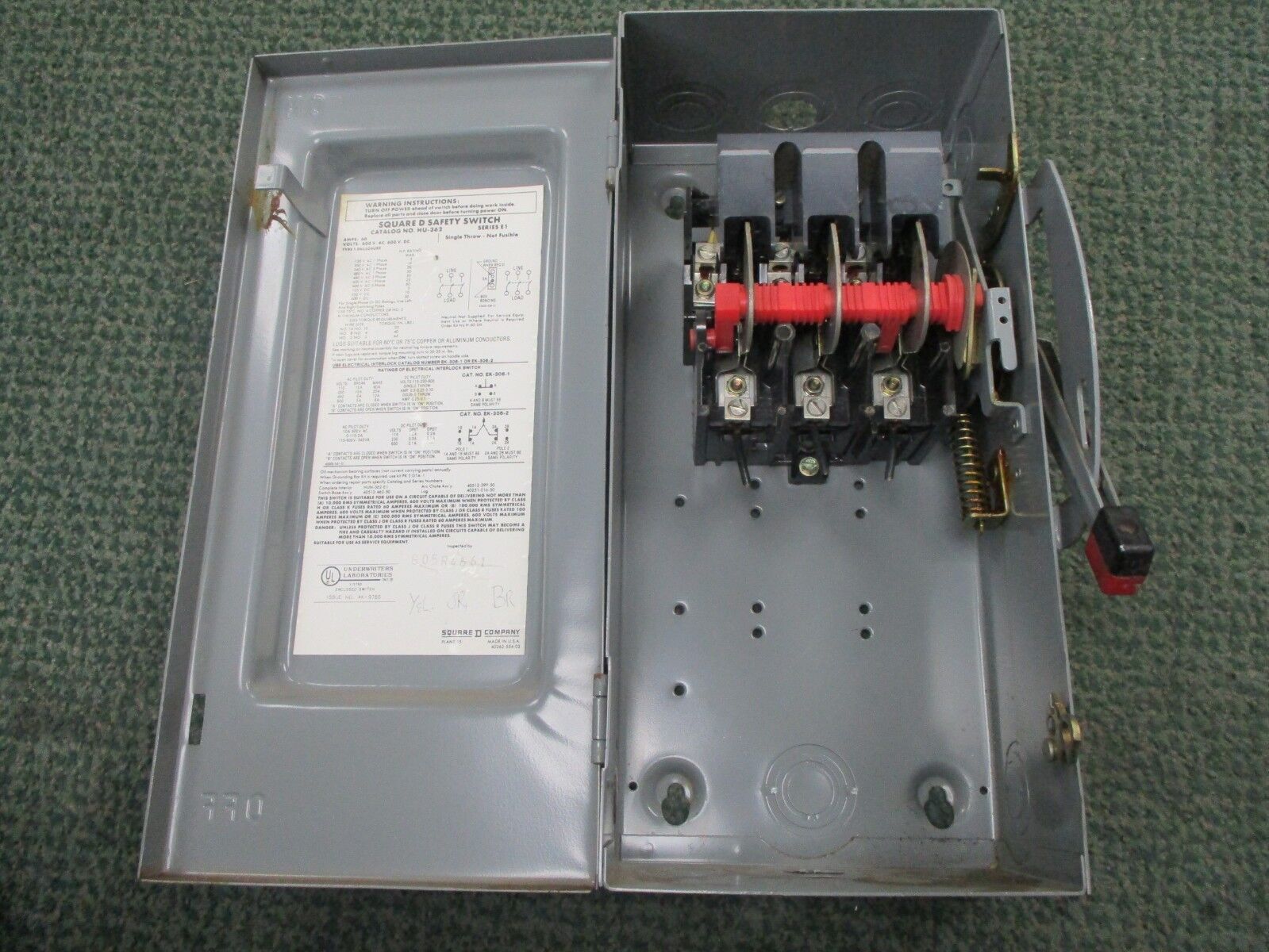 Square D NonFusible Safety Switch HU362 60A 600V 3P Nema 1 Enclosure Used