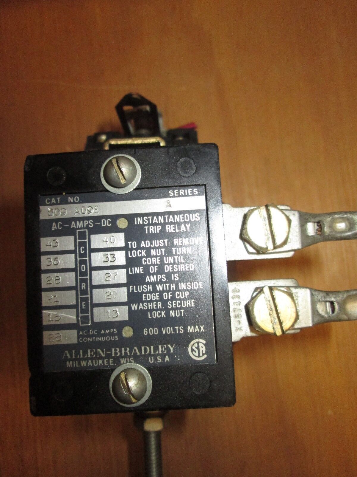 Allen-Bradley Instantaneous Trip Relay 809 A09E 15-43A AC 13-40A DC Used