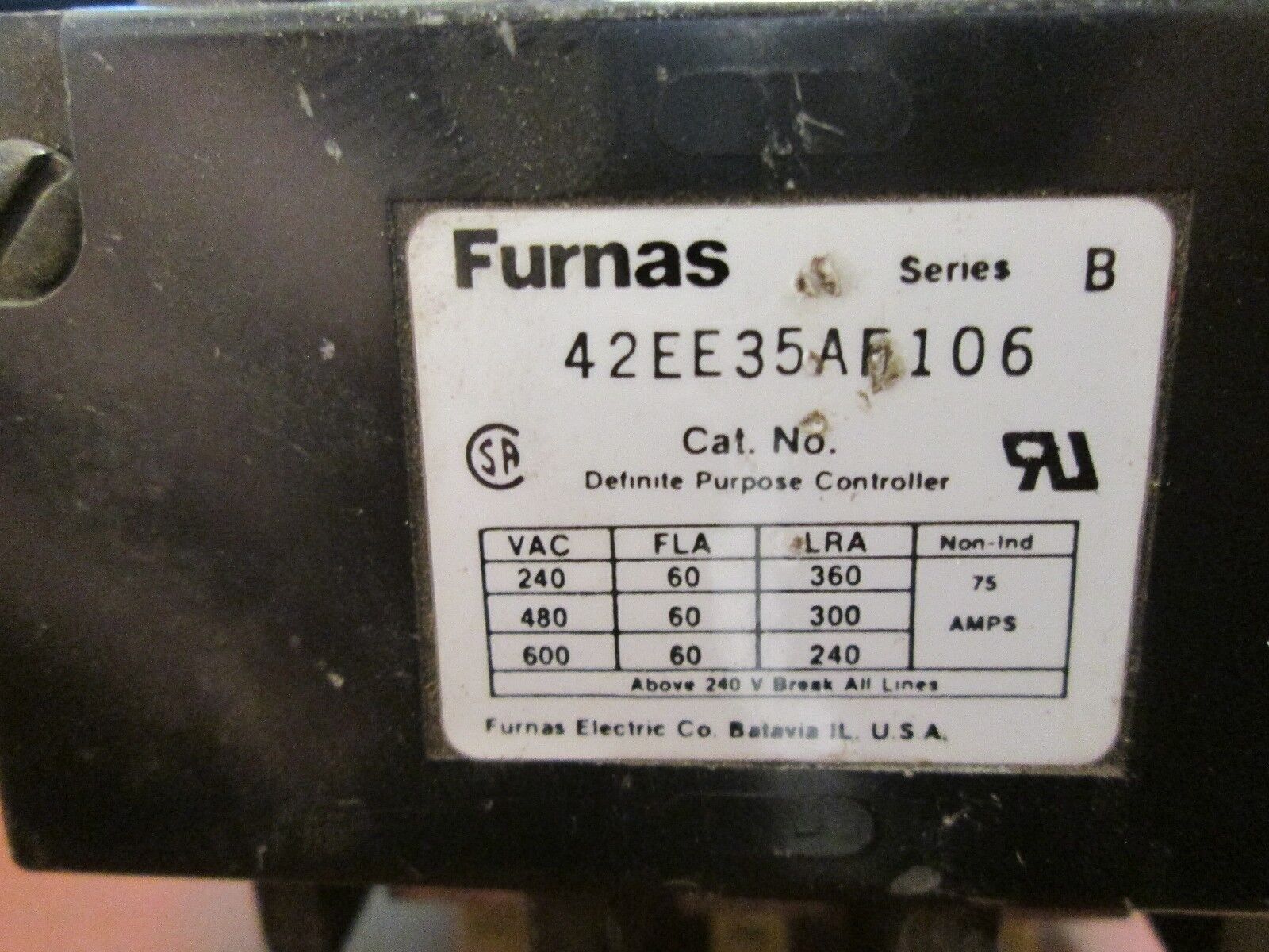 Furnas Contactor, 42EE35AF106, 60FLA, 120V Coil, Used