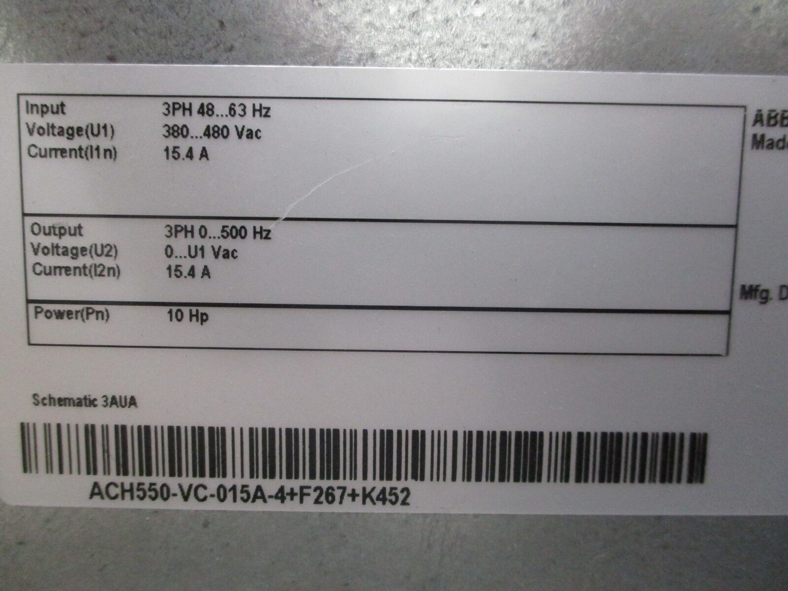 ABB ACH550 AC Drive w/ Bypass ACH550-UC-015A-4-F267+K452 10HP 3Ph Used