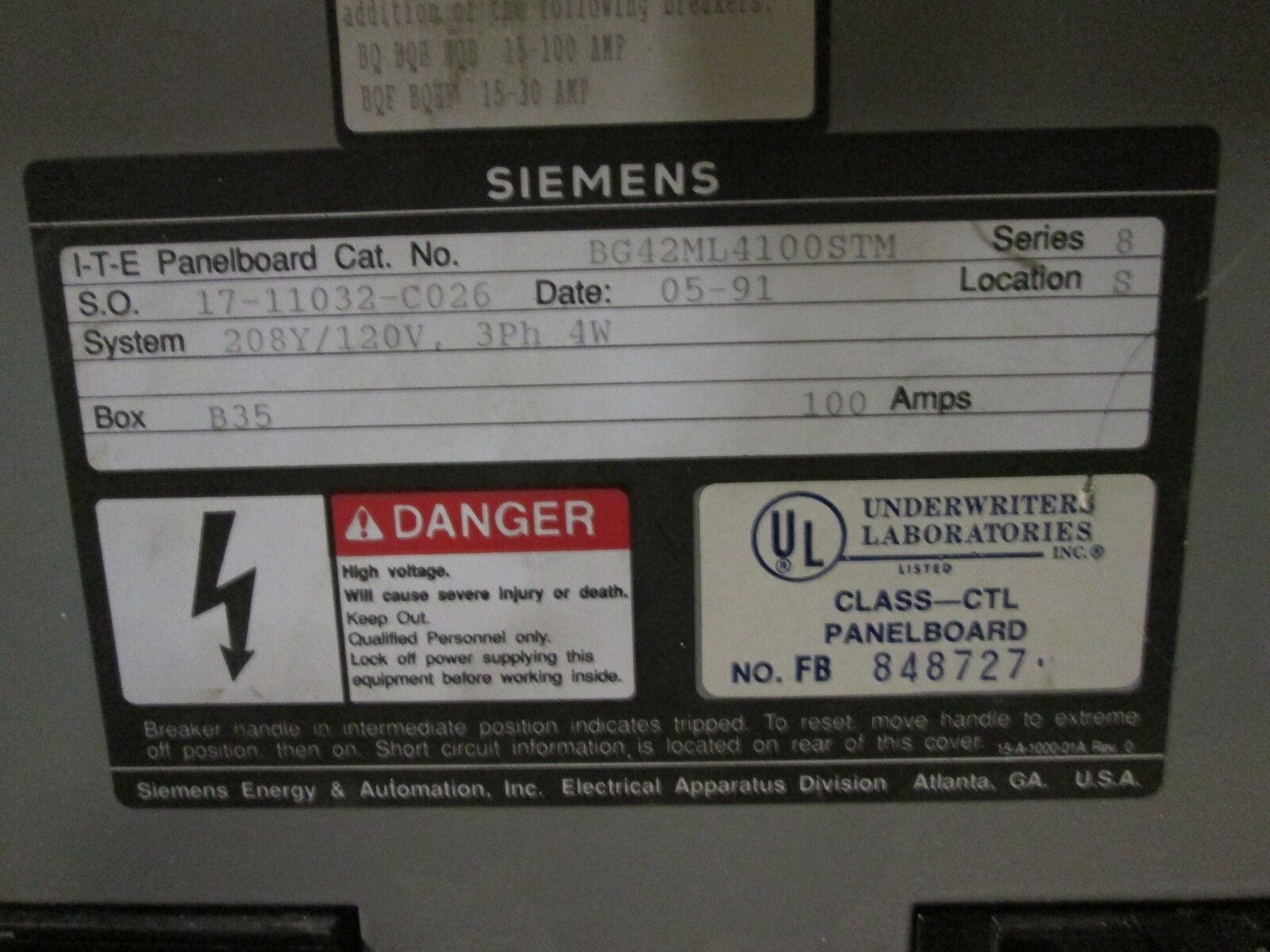 Siemens Main Lug Circuit Breaker Panel BG42ML4100STM 208Y/120V 100A 3Ph 4W Used