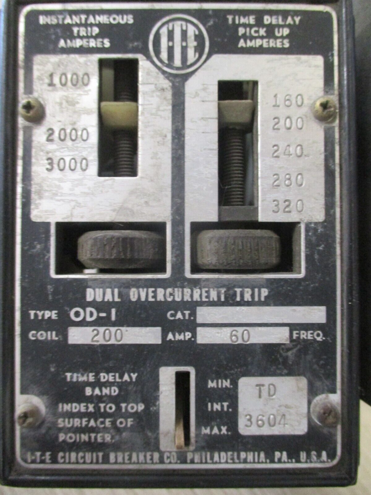ITE Dun Overcurrent Trip OD-1 Instantaneous Trip: 1,000-3,000A Used.
