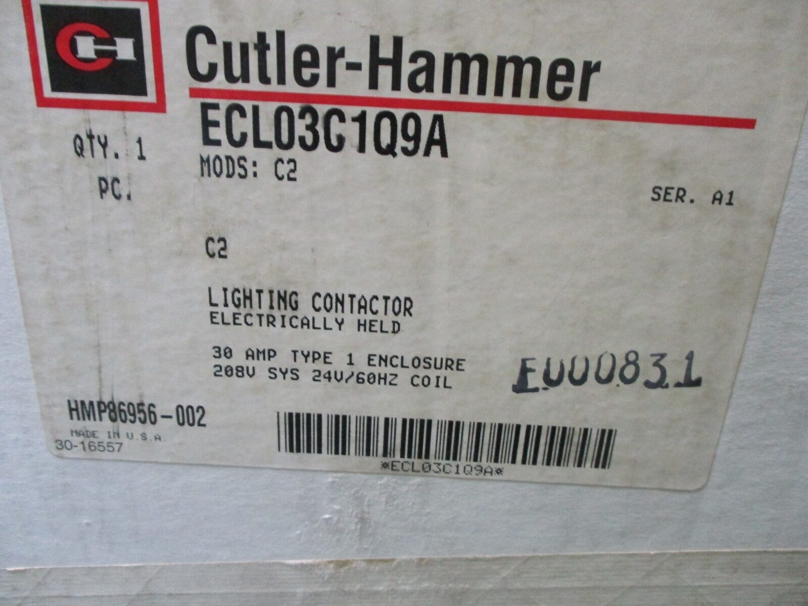 Cutler-Hammer Enclosed Lighting Contactor ECL03C1Q9A 24V Coil 30A 208V