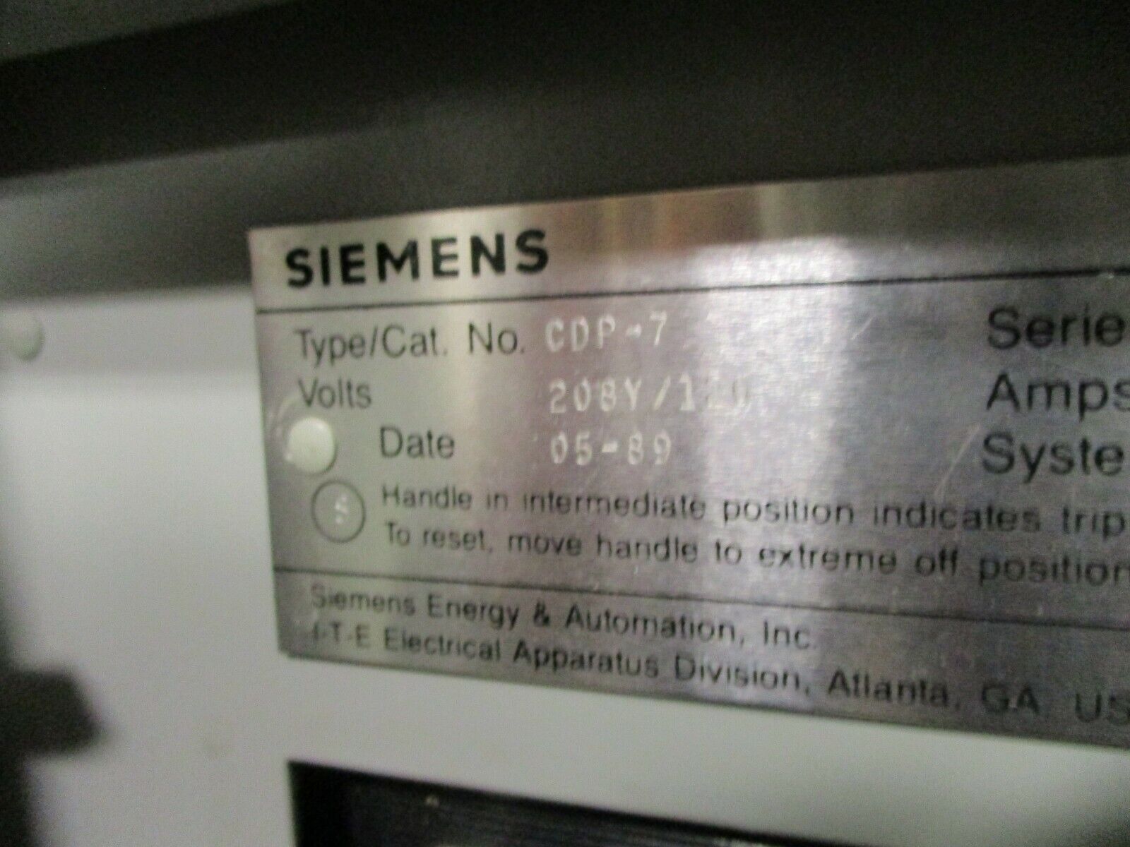 Siemens Main Breaker Circuit Breaker CDP-7 225A Max 208Y/120 3Ph 4W Used