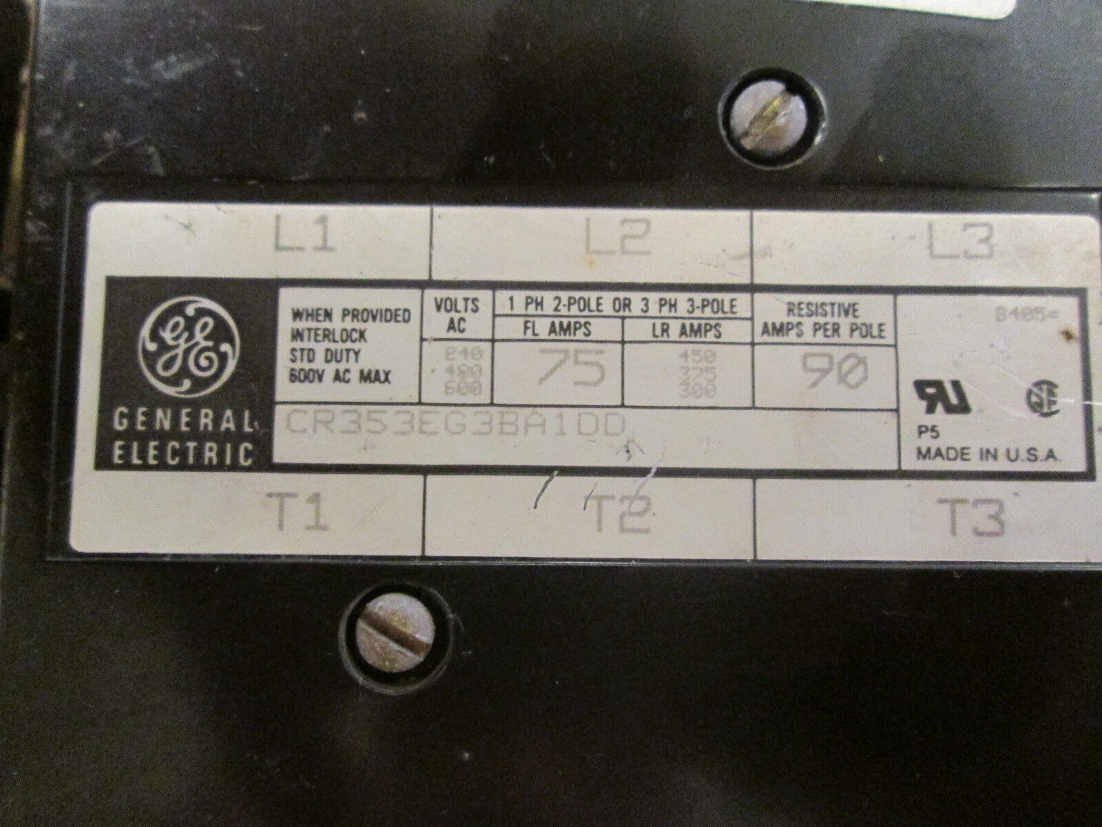 GE Contactor CR353EG3BA1DD 115-120V Coil 75A 600V. Used.