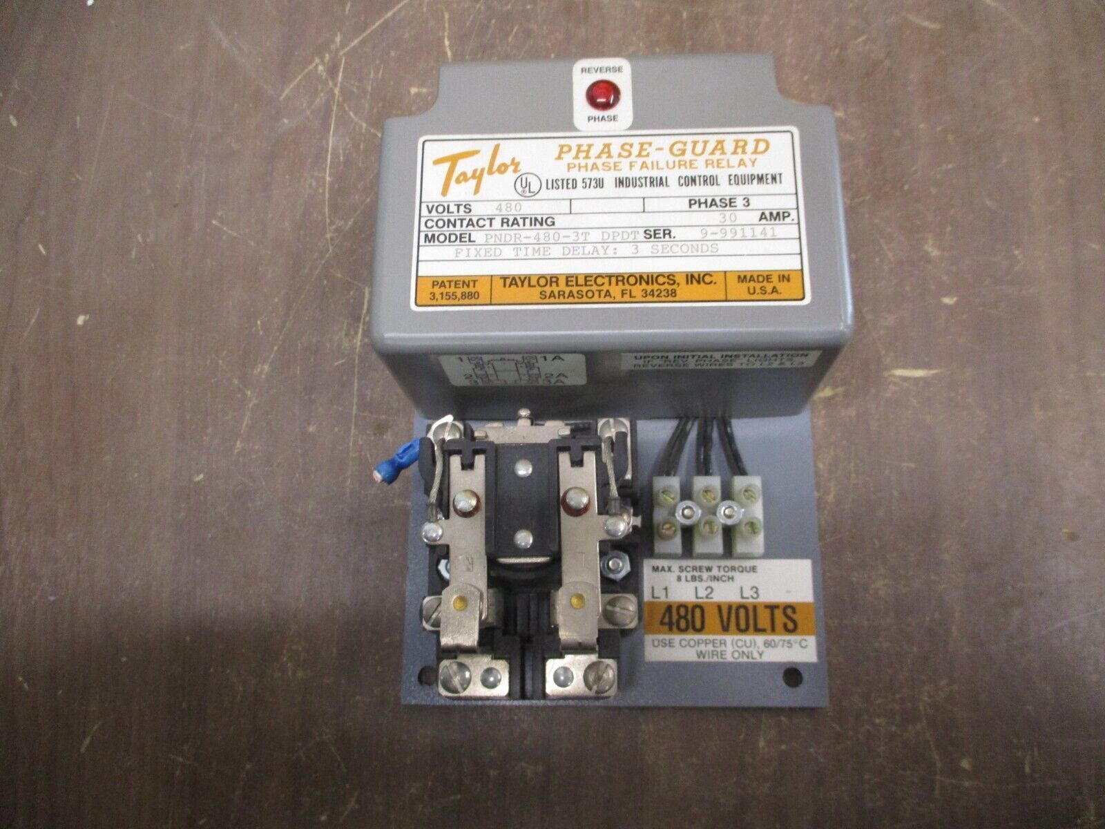 Taylor Phase-Guard Phase Failure Relay PNDR-480-3T DPDT 480V 30A 3Ph Used